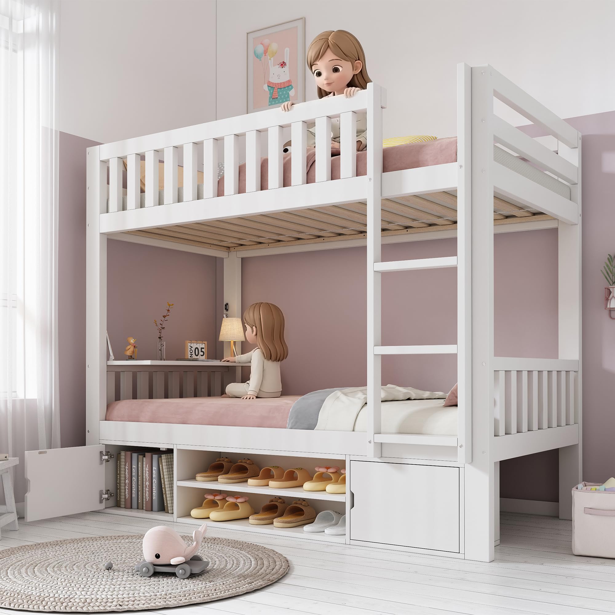 Łóżko piętrowe 90 x 200 cm, ze składanym blatem, regał na buty, stelaż pod materac, sprawdzone pod kątem oszczędzającego miejsce,