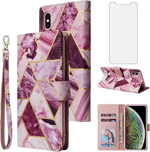Asuwish Funda compatible con iPhone Xs Max y protector de pantalla de vidrio templado, funda de cuero con tapa para teléfono i X XR Xsmax 10x SX