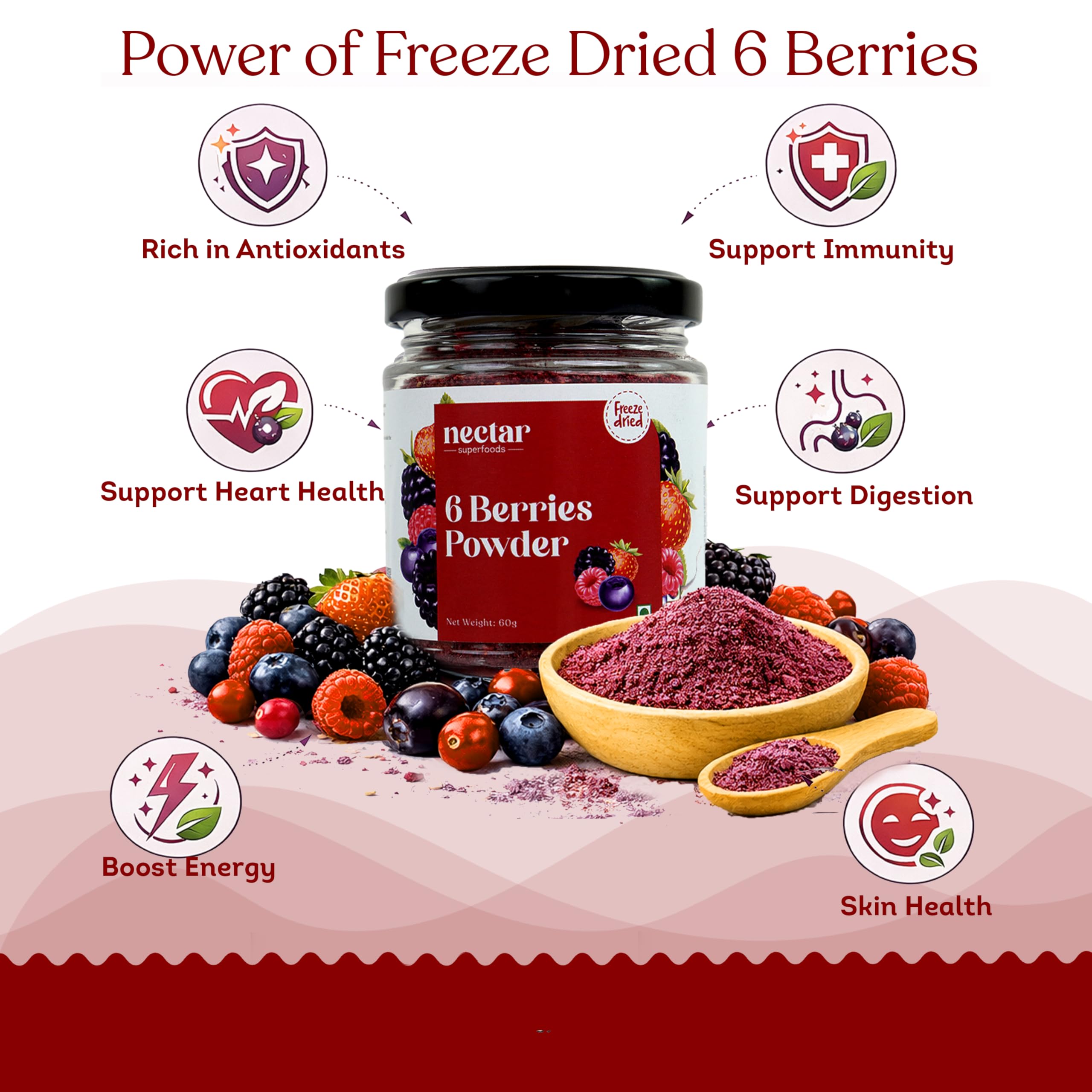 Nectar Superfoods Freeze Dried 6 Berry Mix Powder- 60 grams Jar
