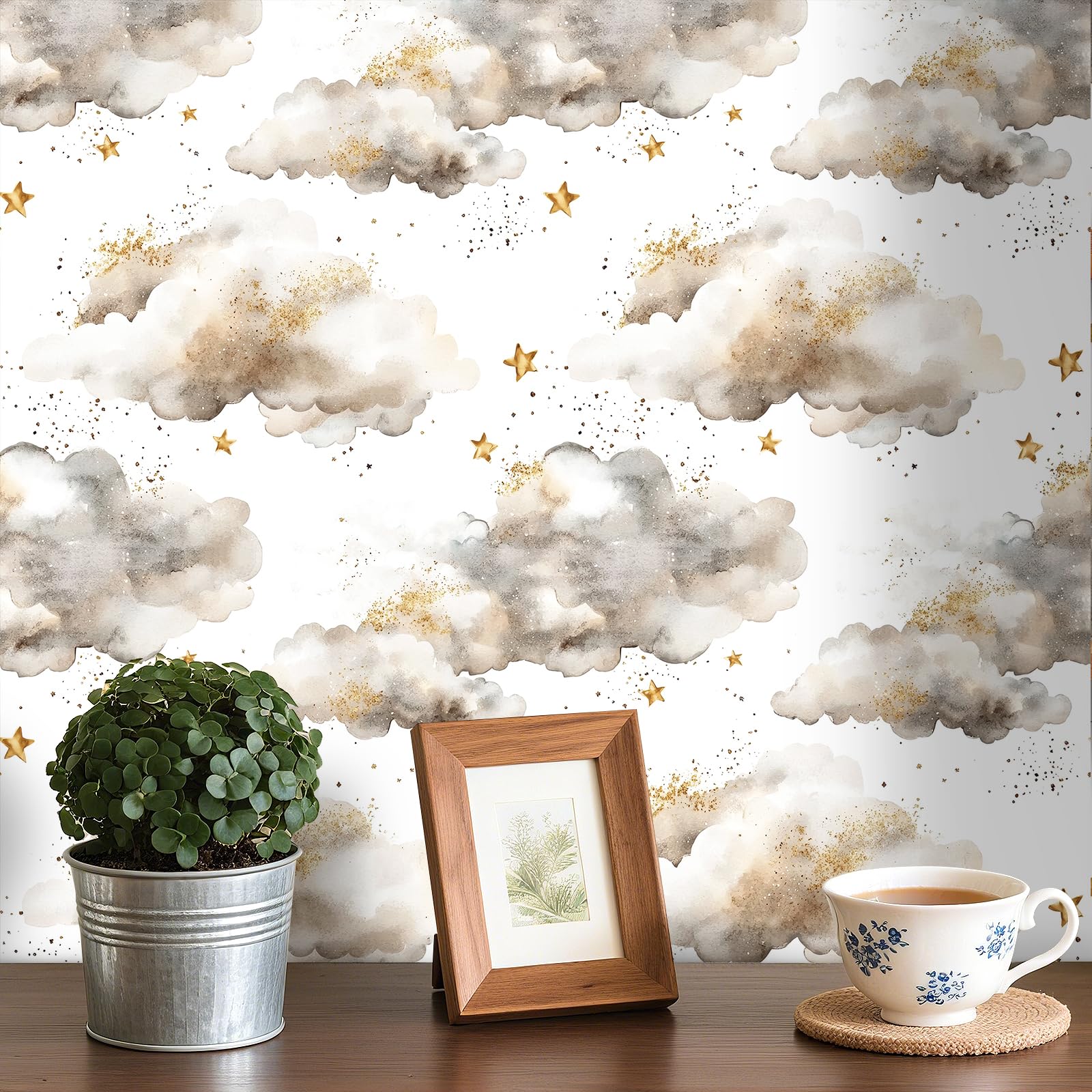 FunStick Peel and Stick Wallpaper Grey and White Kids Clouds Stars Fantasy White Vinyl Wrap for Kitchen Cupboards Watercolour Cloud and Star Wallpaper Bedroom Sticky Back Plastic Grey Clouds 44.5CM×3M - Image 4