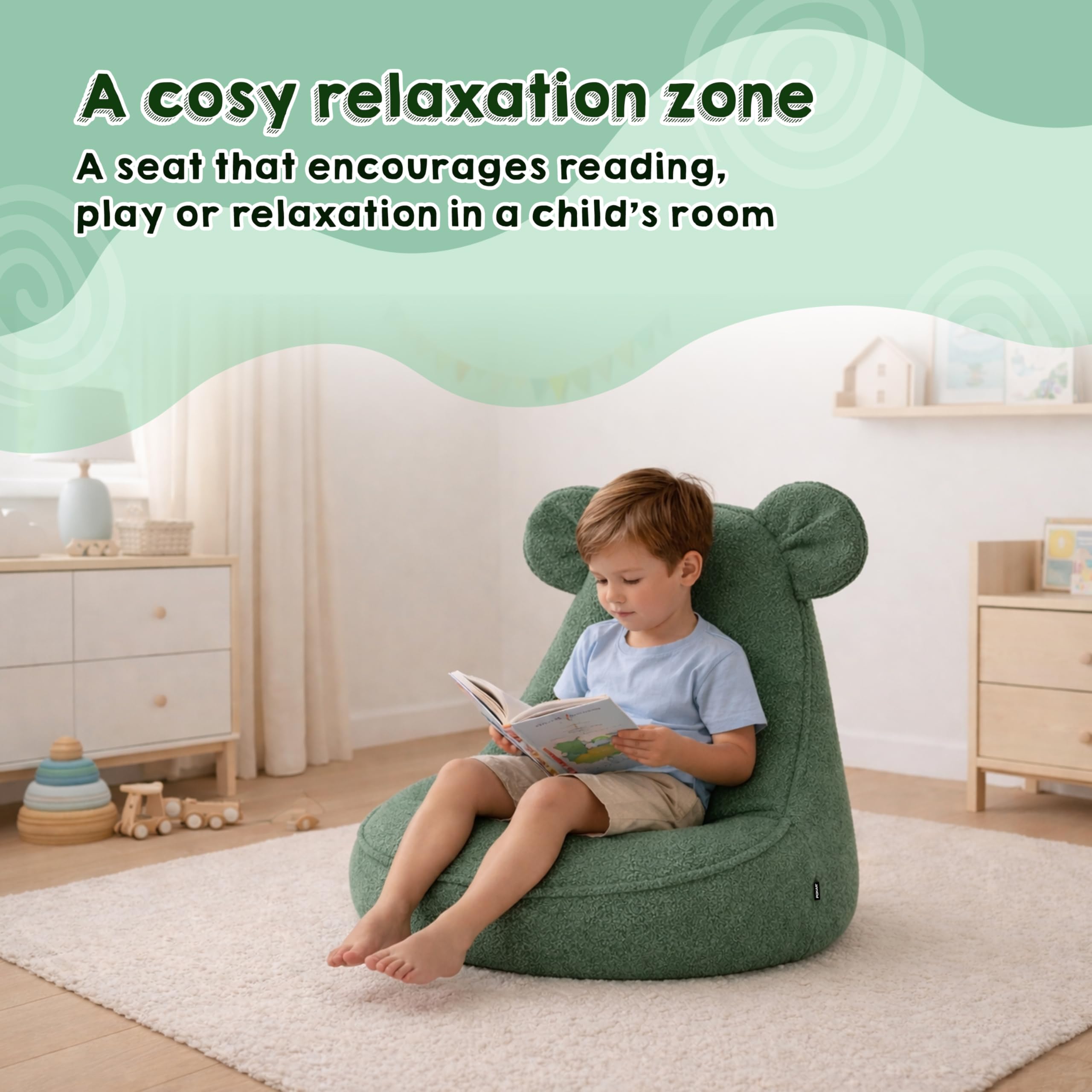 POKAR Pouf Bambini con Orecchie di Topo 68x68x50 cm | Poltroncina Sacco in Tessuto Bouclé e Imbottitura Schiuma PU | Sedia Montessori per Cameretta e Gioco | OEKO-TEX | Made in EU | Beige Accogliente