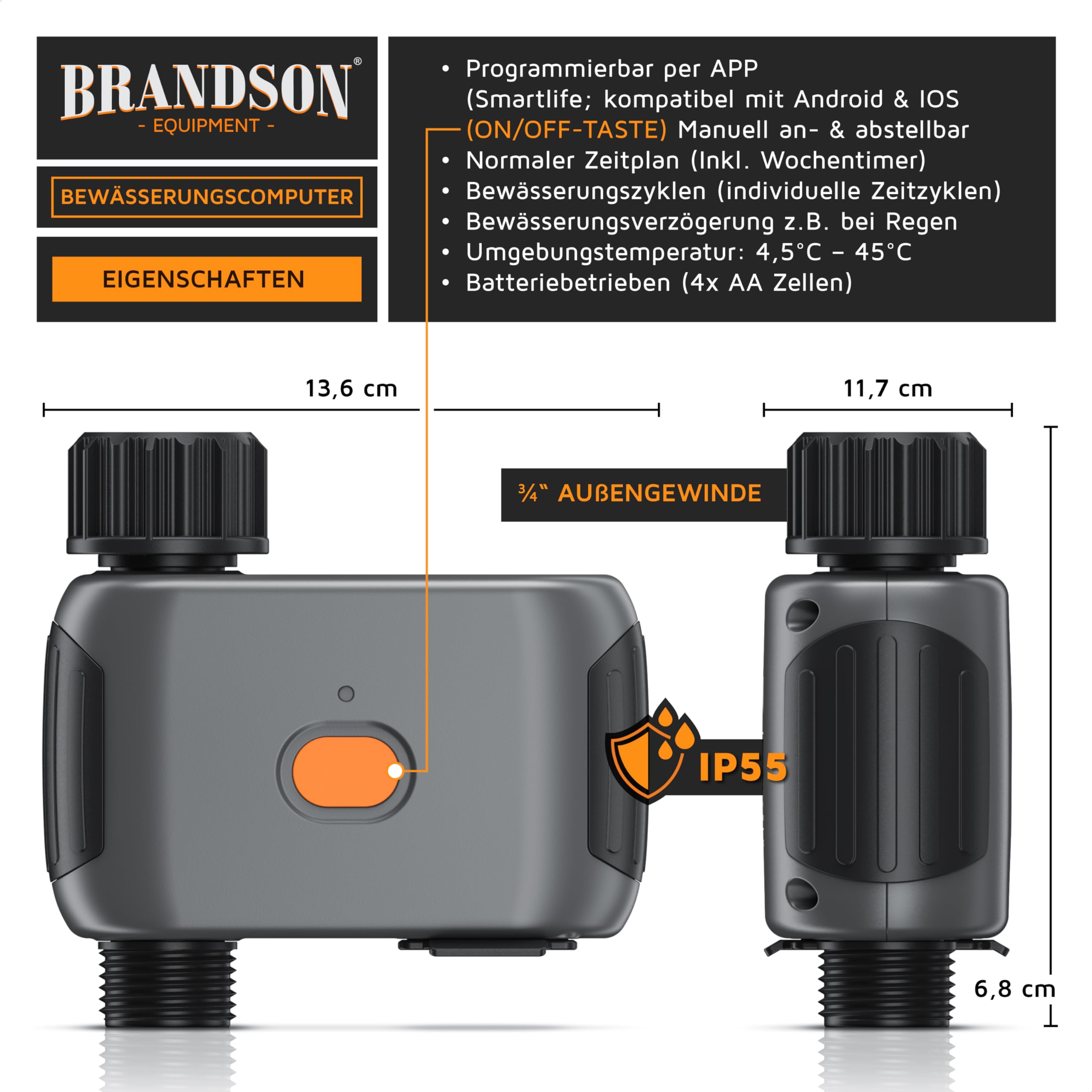 Brandson - Bewässerungscomputer Smart mit WLAN - WiFi Bewässerungssystem Garten - Bewässerungstimer - Automatische Bewässerung - mit App - Alexa, Google Assistant
