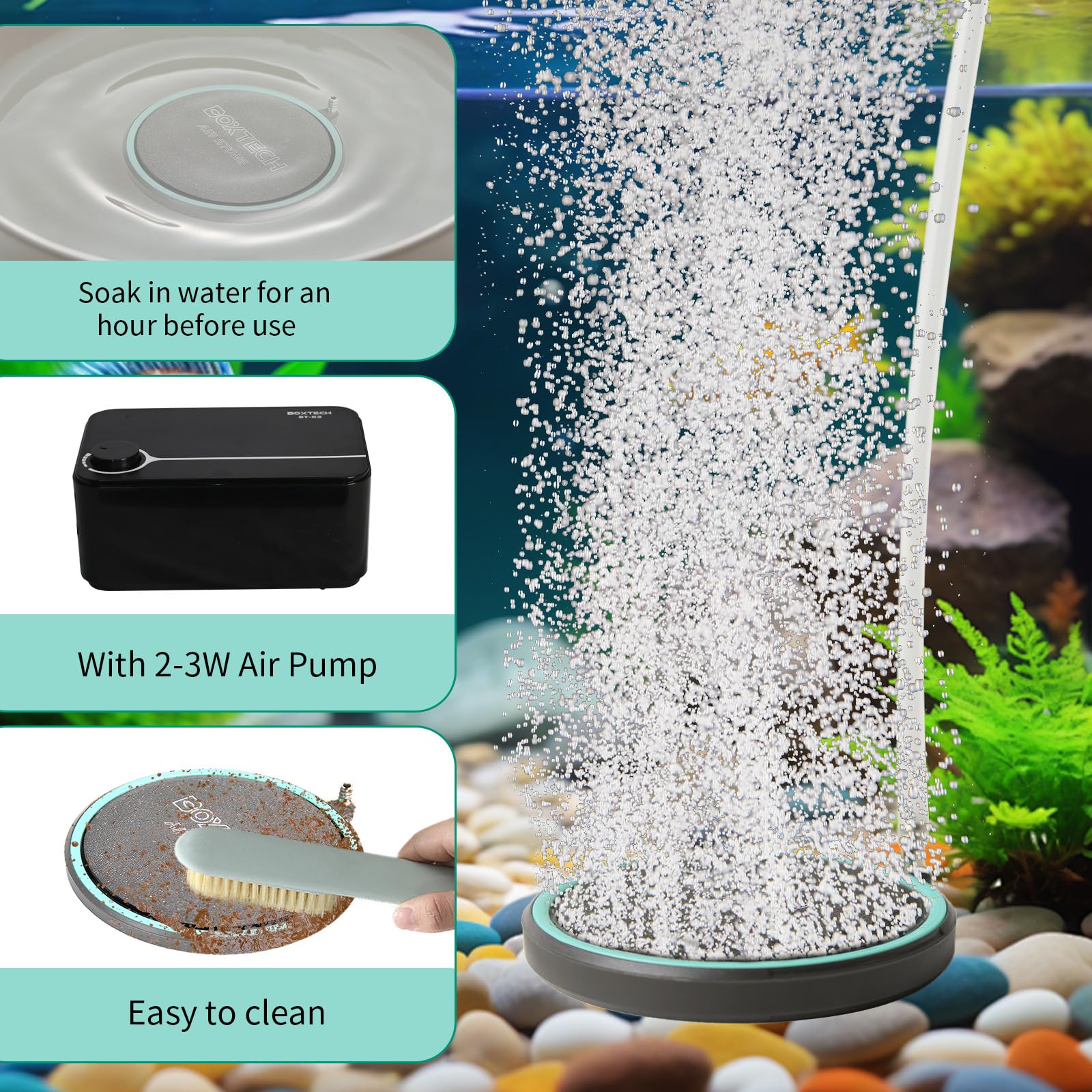 boxtech Bulle de poisson pour aquarium, aérateur d'oxygène dissous de 10,2 cm, kit de pierres à air pour aquarium avec tube d'air et accessoires de clapet anti-retour (sans pompe à air)