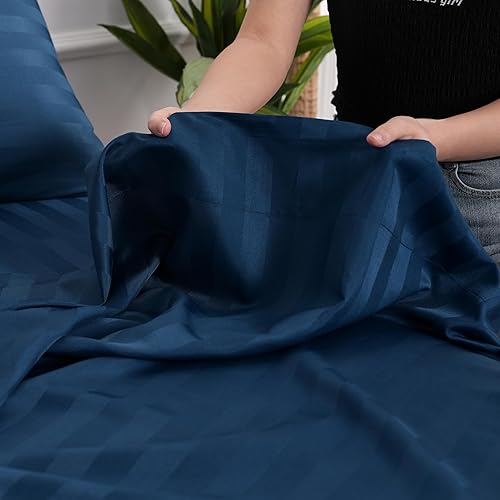 Miniatura 6 de Juego de sábanas de 4 piezas a rayas tamaño matrimonial, lujosas sábanas y fundas de almohada de microfibra ultra suave, resistentes a las arrugas,