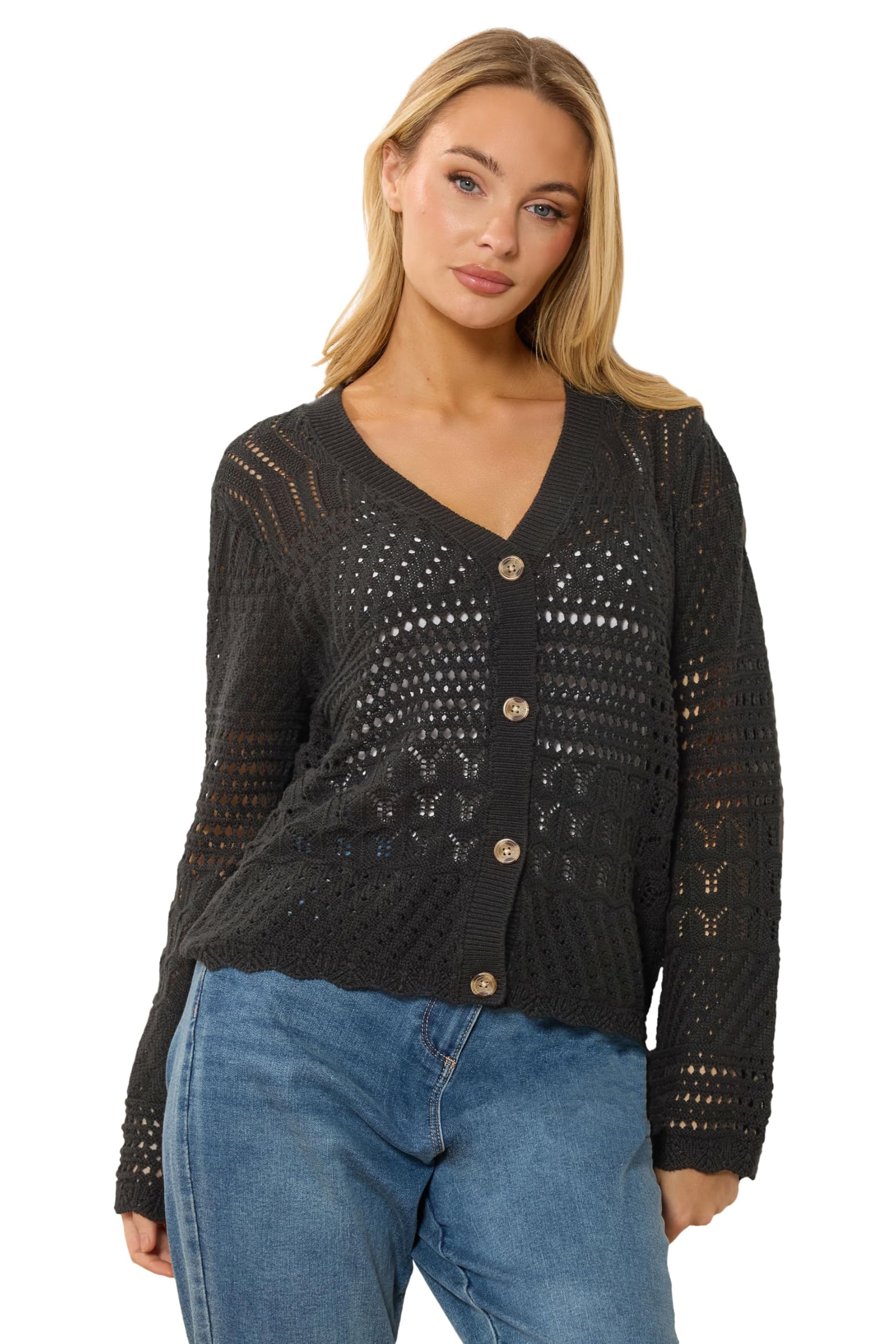 M&Co Women's Black Crochet Button Through Cardigan In | Size: 18/20