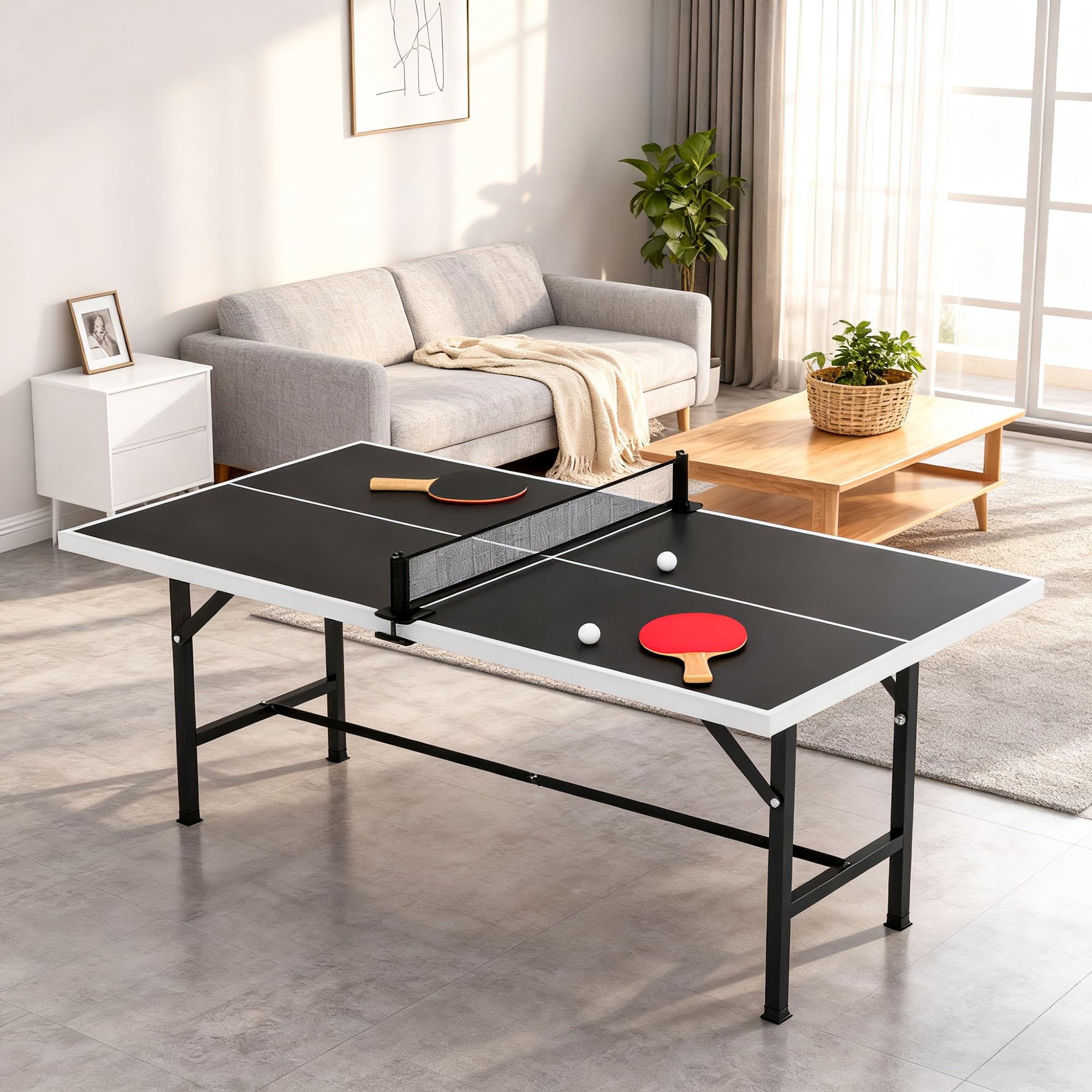 SPORTNOW Mini Mesa de Ping Pong Plegable 152x76x70 cm, Exterior con Red, 2 Raquetas y 3 Pelotas, Negro