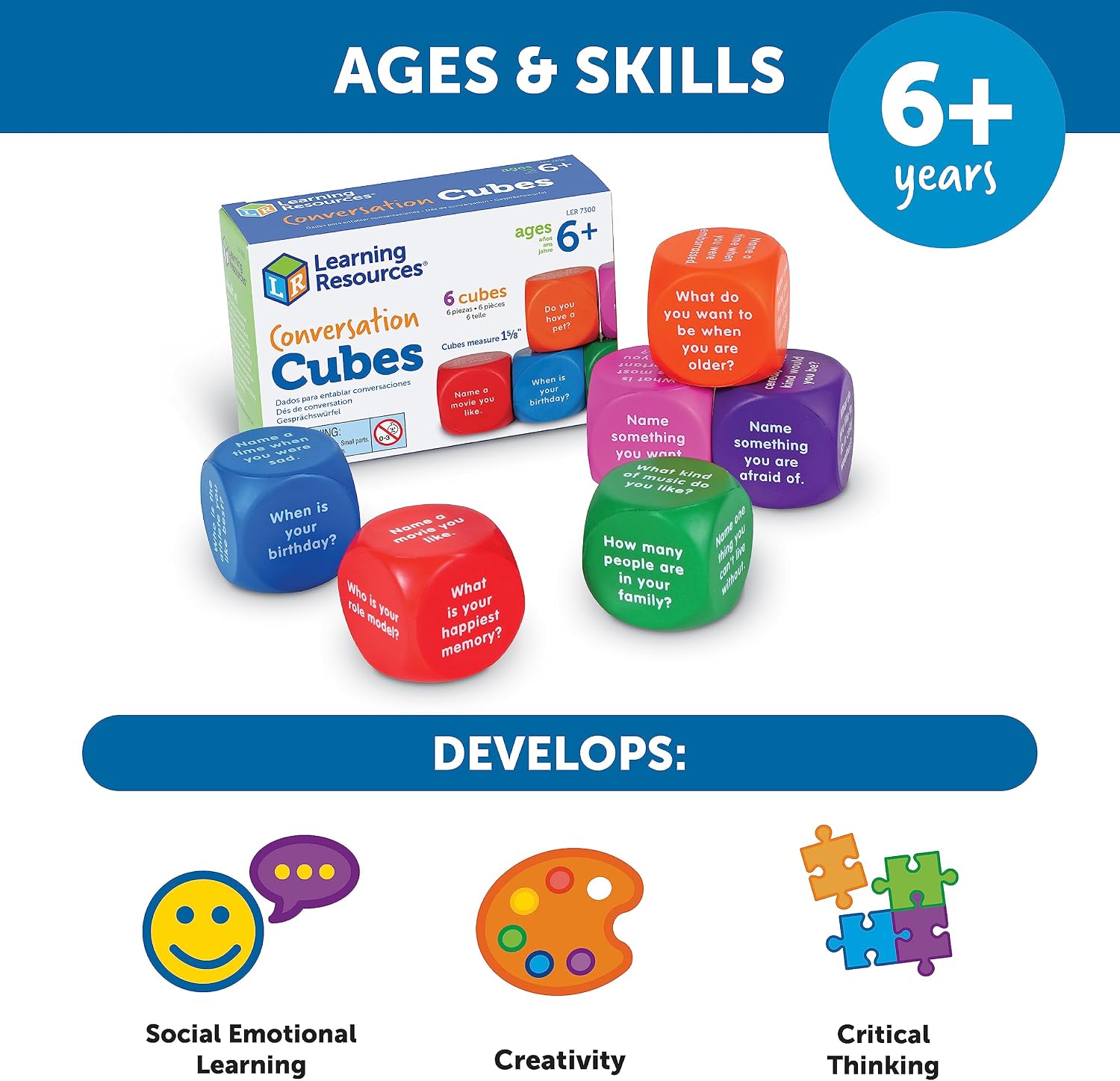 Learning Resources Conversation Cubes - 6 Pieces, Ages 6+ Foam Cubes for Social Emotional Learning, School Counselor Supplies, Speech Therapy Toys, Ice Breaker Cubes