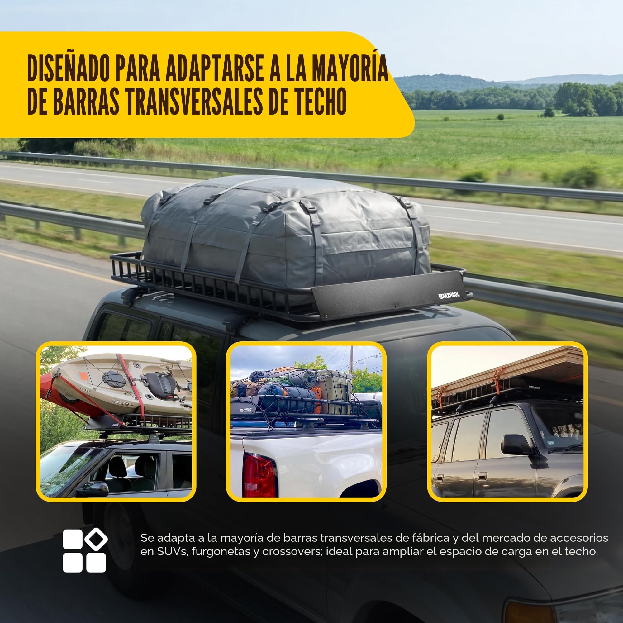 MAXXHAUL 50506 - Portaequipajes universal de acero resistente de 162,56 x 99,06 x 15,24 cm, color negro