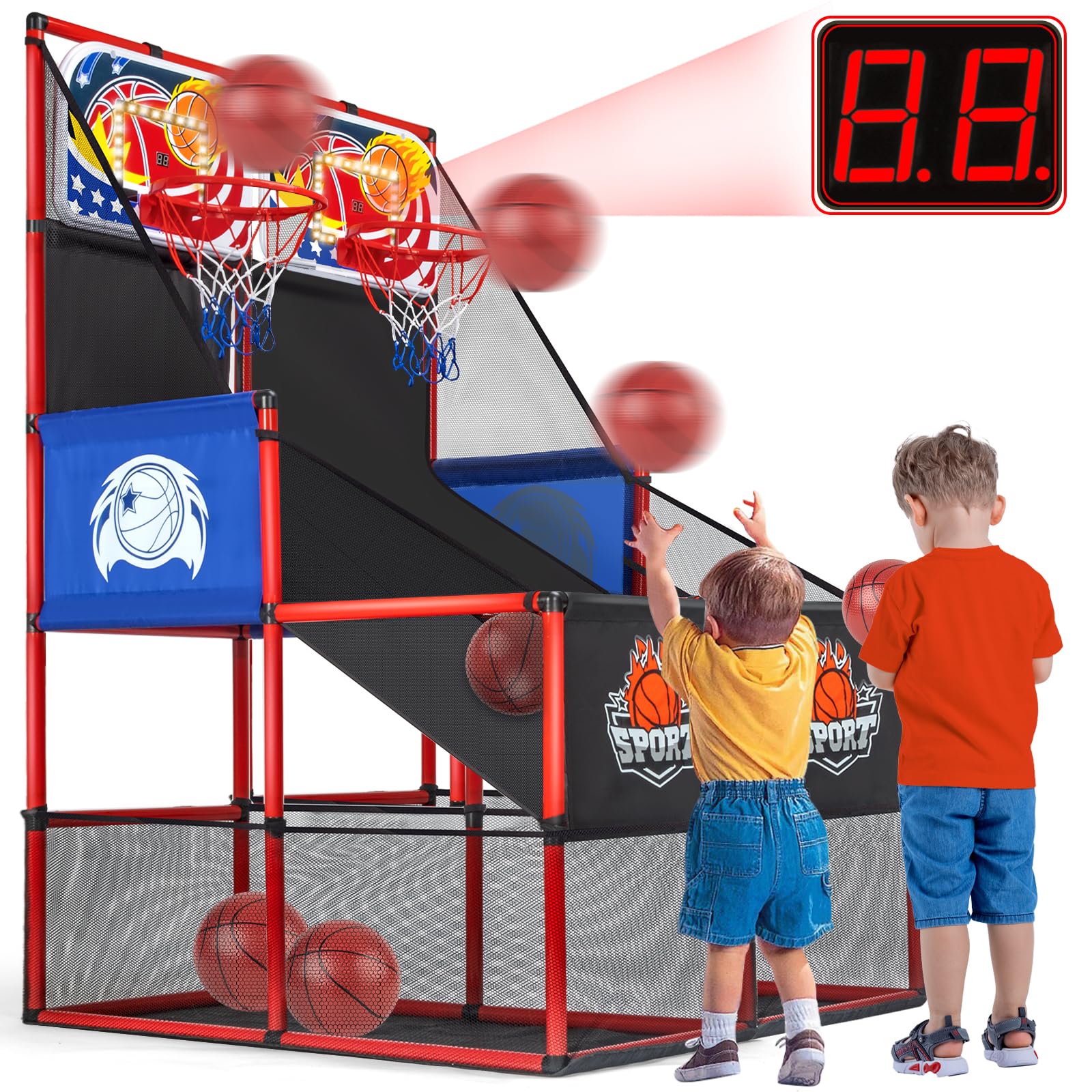 2 in 1 Dual Basketball Arcade Game Indoor/Outdoor With LED Scoring and Sound, Sport Play Toy Includes 6 Balls & Instruction & Pump For Teen Kids Toddler Birthday Christmas Carnival Backyard Party Gift