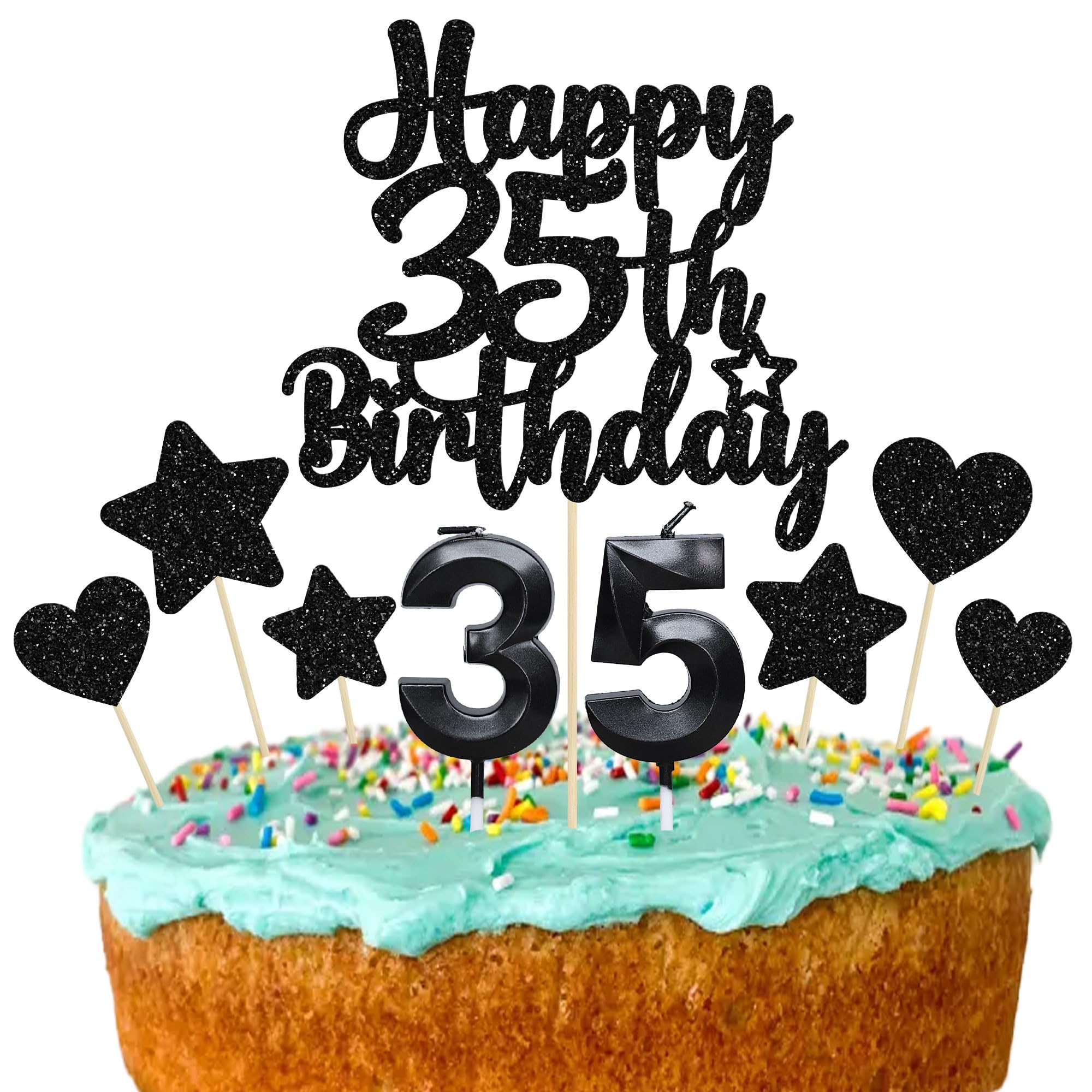 Gyufise 15Pcs Happy 35th Birthday Cake Topper Set with Heart Star Glitter Cheers to 35 Years Cake Picks Number 35 Candles Cake Decorations for Happy 35th Birthday Anniversary Party Supplies Black โ image 1