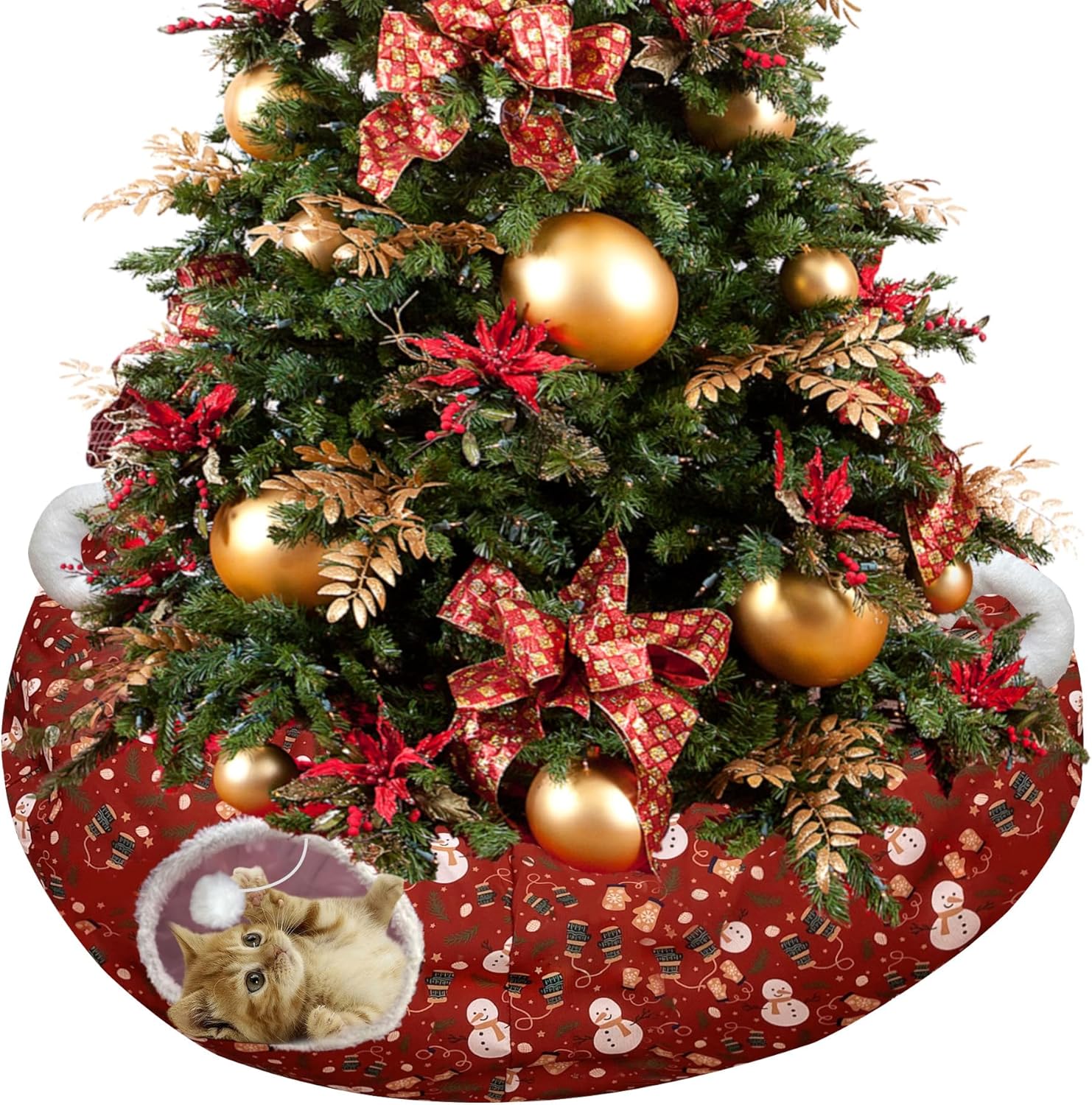 LUCKITTY Cat Tunnel Bed in 3FT x 3FT x 9.8IN - Decorative Christmas Style with Snowman and Glove Patterns - Red Color Perfect for Festive Felines