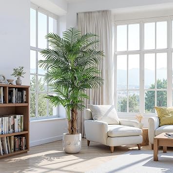 Tall Triple Golden Cane Palm Artificial Tree 7ft, Large Topical Fake Tree with 24 Realistic Leaves Artificial Plants in Pot for Indoor Outdoor Home Office Living Room