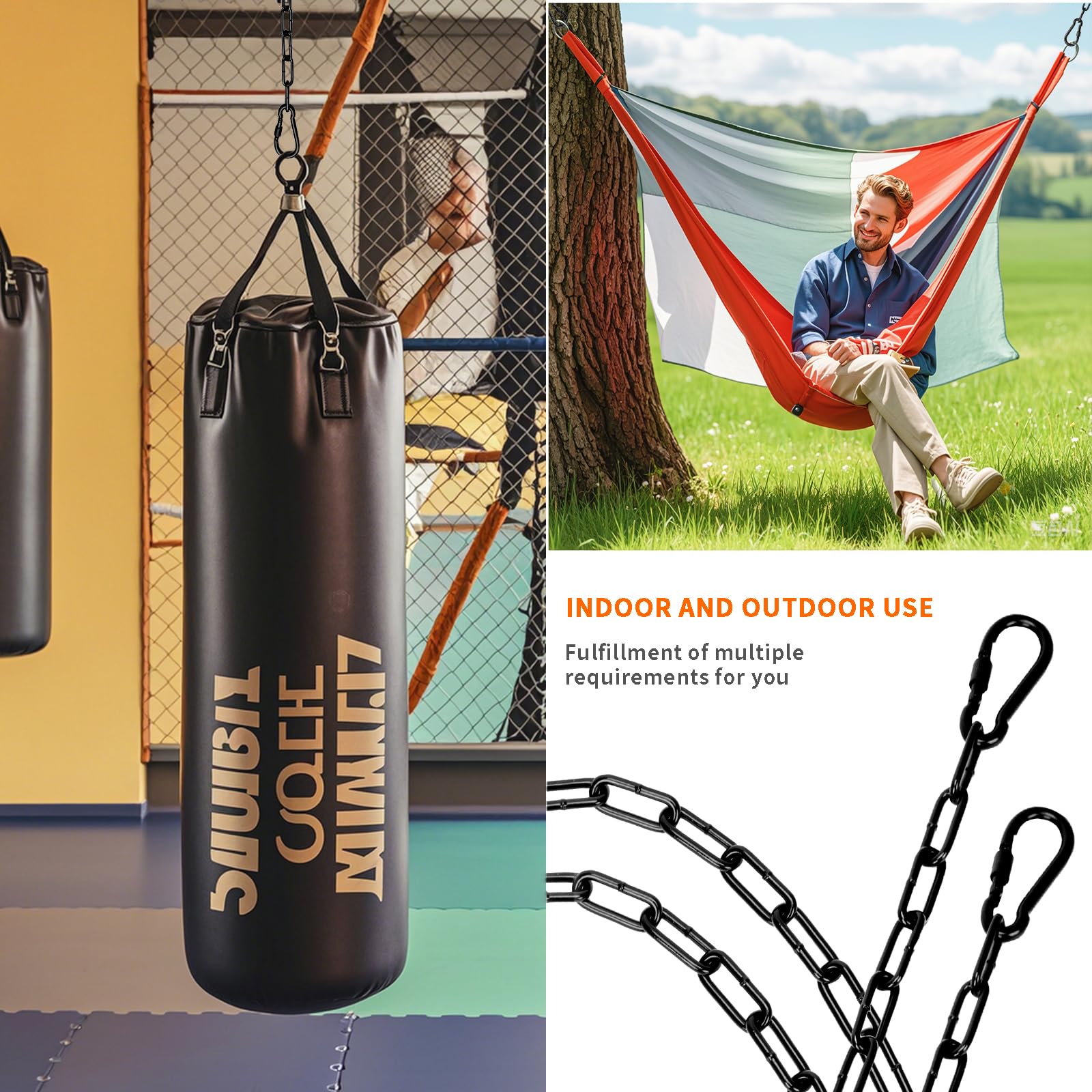 Lot de 2 chaînes de suspension robustes de 99,1 cm avec 4 mousquetons, capacité de 453,6 kg, chaîne de chaise suspendue pour hamac, balancelle, sac de frappe, sac de sable, intérieur et extérieur