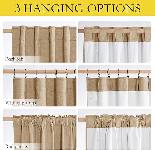Miniatura 6 de NICETOWN Cortinas de lino 100% opacas para sala de estar con forro blanco aislado térmico, camello, 52 pulgadas de ancho, 2 paneles, cortinas de 84