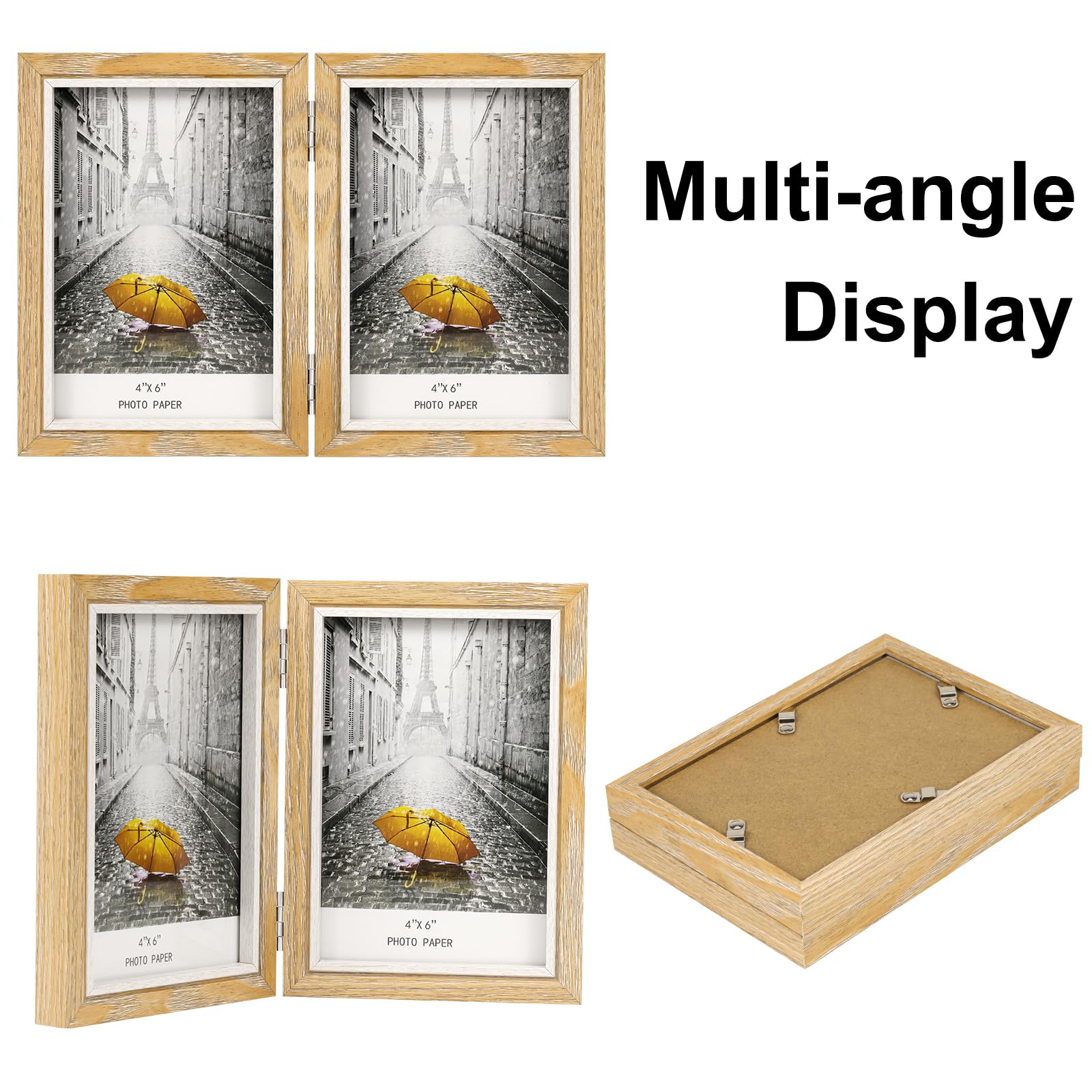 Cornice portafoto doppia in legno pieghevole con vetro, supporto da scrivania per 2 foto, perfetta per famiglia, regali di nozze, venature del legno