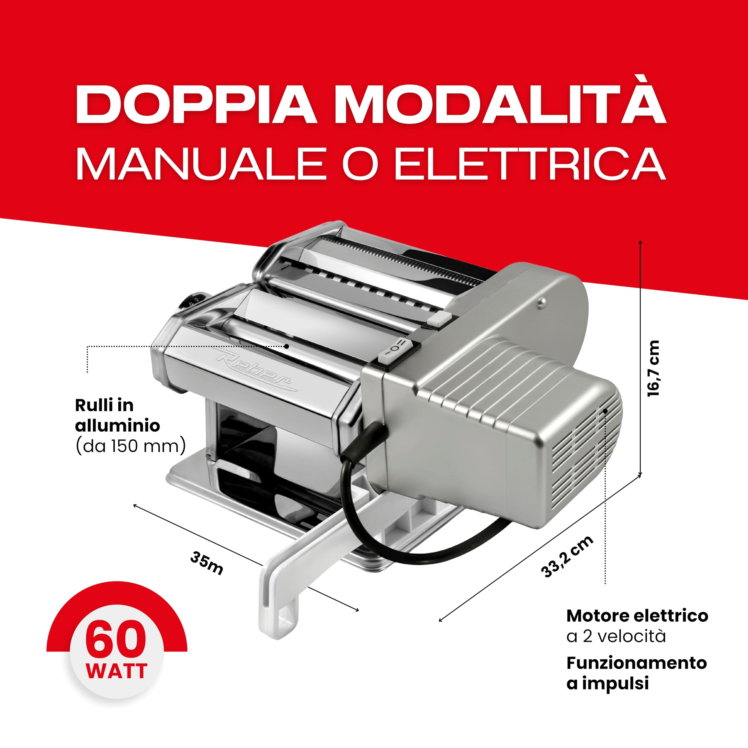 Reber Macchina per la Pasta Fresca Elettrica e Manuale 60 W, 2 Velocità | 9 Livelli di Spessore, Rulli da 150 mm, Sfogliatrice e Taglio Doppio 1,5 + 6,6 mm - PastaReber Kit Elettrico Silver