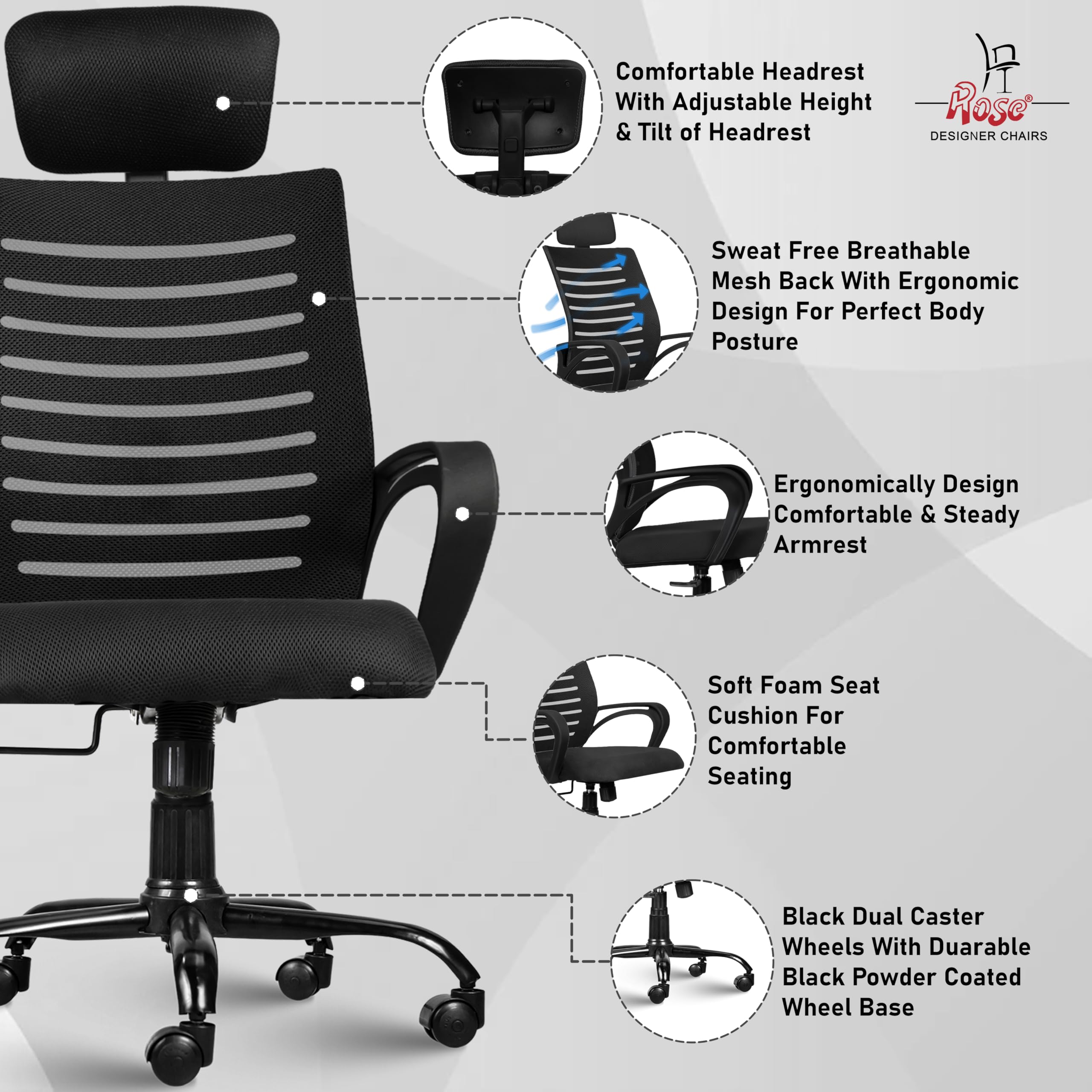 ROSE® Elite | 3 Years Brand Warranty | Ergonomic Office Chair, Study, WFH, Revolving, Rolling, Desk, Task, Laptop, Student Chair (Black, Elite Max HB) 2