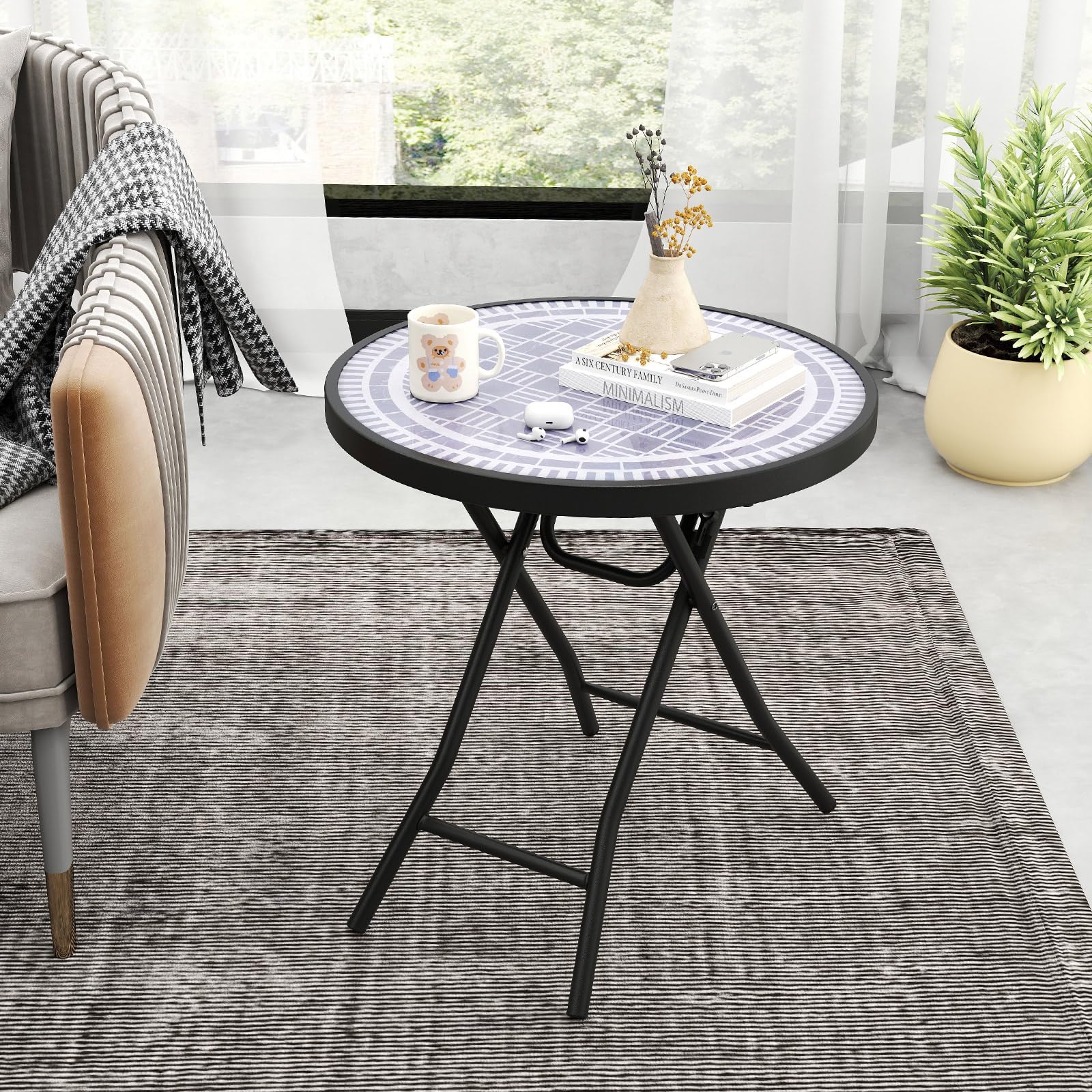 KOMFOTTEU Mesa de Jardín de Vidrio Templado de 46 cm, Mesa Auxiliar Plegable con Marco de Metal, Mesa de Comedor Redonda para Patio, Terreza, Balcón, Mesa Lateral para Interior y Exterior (Gris)