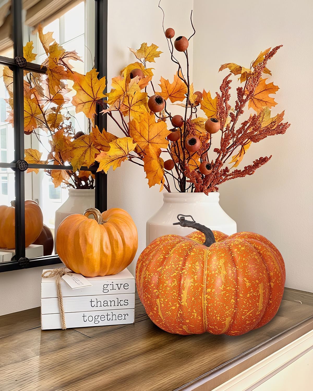 DuHouse Large Artificial Pumpkin – 9.0"x7.6" Rustic Orange Foam Pumpkin for Fall Decor, Halloween, Thanksgiving, Harvest Table Centerpiece, Fake Pumpkin for Indoor Outdoor Display