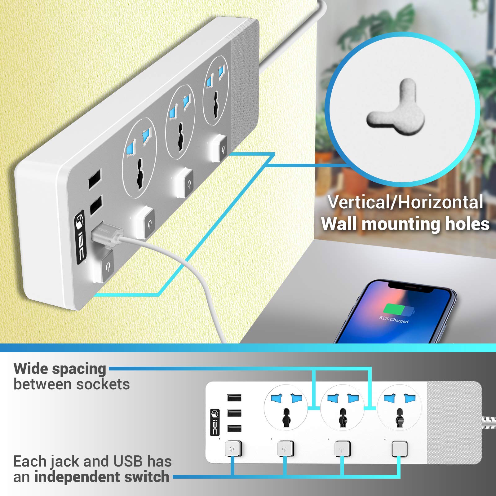 Buy Extension Lead Surge Protected Power Strips Outlets w/ 4 USB Ports