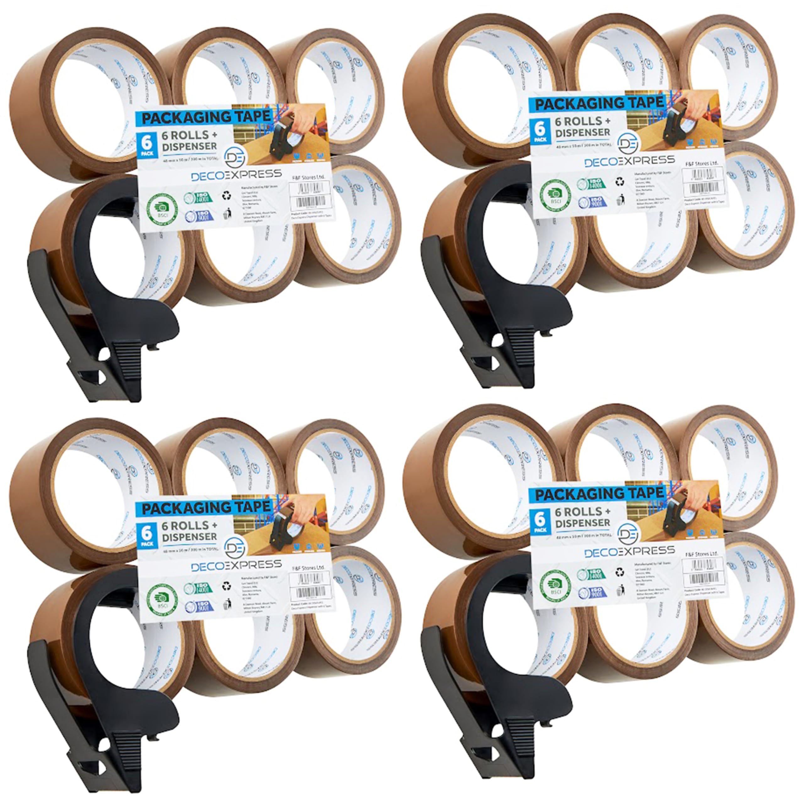 Packaging Tape Dispenser with Tape - 6 Rolls Strong Brown, Fragile, Clear, Heavy Duty for Packing Boxes & Moving House Essentials (Small Dispenser Brown, 4 Pack)