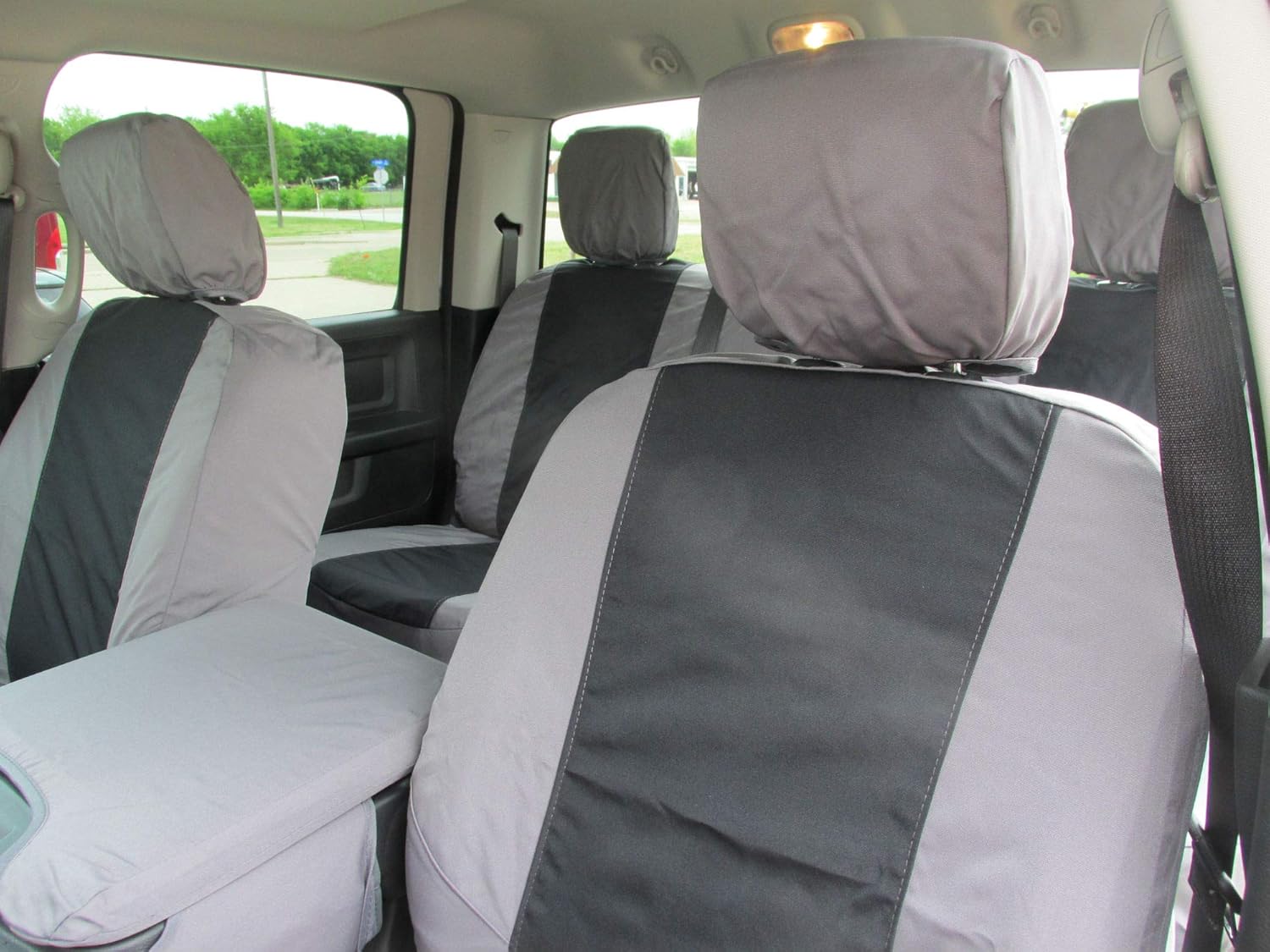 Durafit Seat Covers Made to fit 2013-2018 Dodge Ram 1500,2500,3500 Front and Back Seat Set. Gray Black. Split Back Seats with armrest.