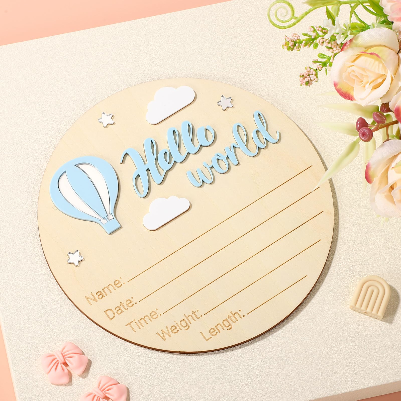 Panneau Bienvenue Bébé Bois, Panneau Hello World pour Garçons Filles Plaque Bébé Bienvenue pour Chambre d'Hôpital Décoration d'Intérieur Cadeaux Accessoires Photo