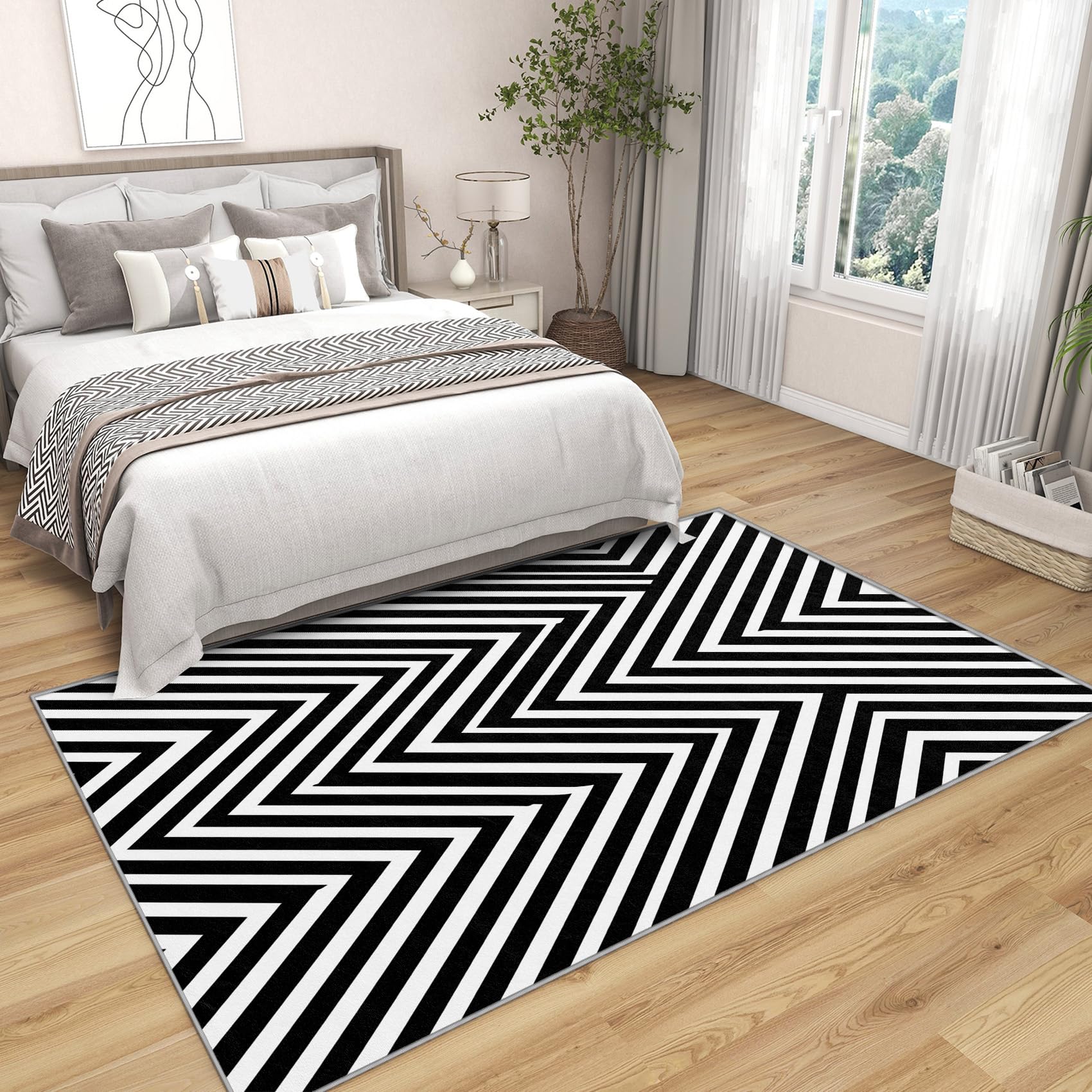 Teppich Schwarz Weiss Gestreift - Teppich Wohnzimmer Schlafzimmer Gestreifte, Kleiner Teppich Chevron, Weich Kurzflor & Waschbar & rutschfest Fussmatte Innen, Kinderteppich 80x150 cm