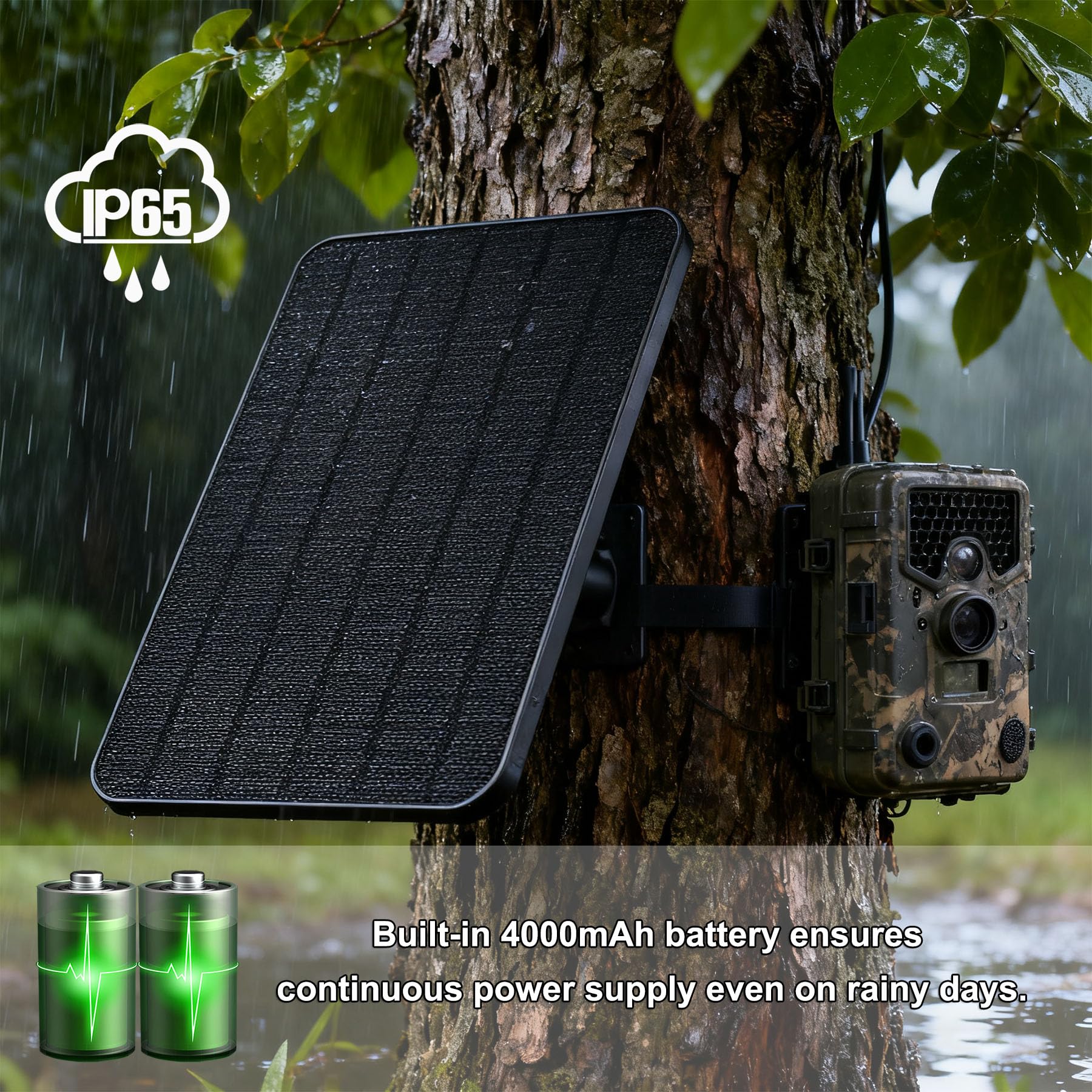 Pannello solare con batteria ricaricabile integrata da 4000 mAh, IP65, cavo di ricarica 2 in 1 da 3 m, con porte di ricarica DC3,5 x 1,35 e USB-C, per fotocamere da caccia, mangiatoia per cervi