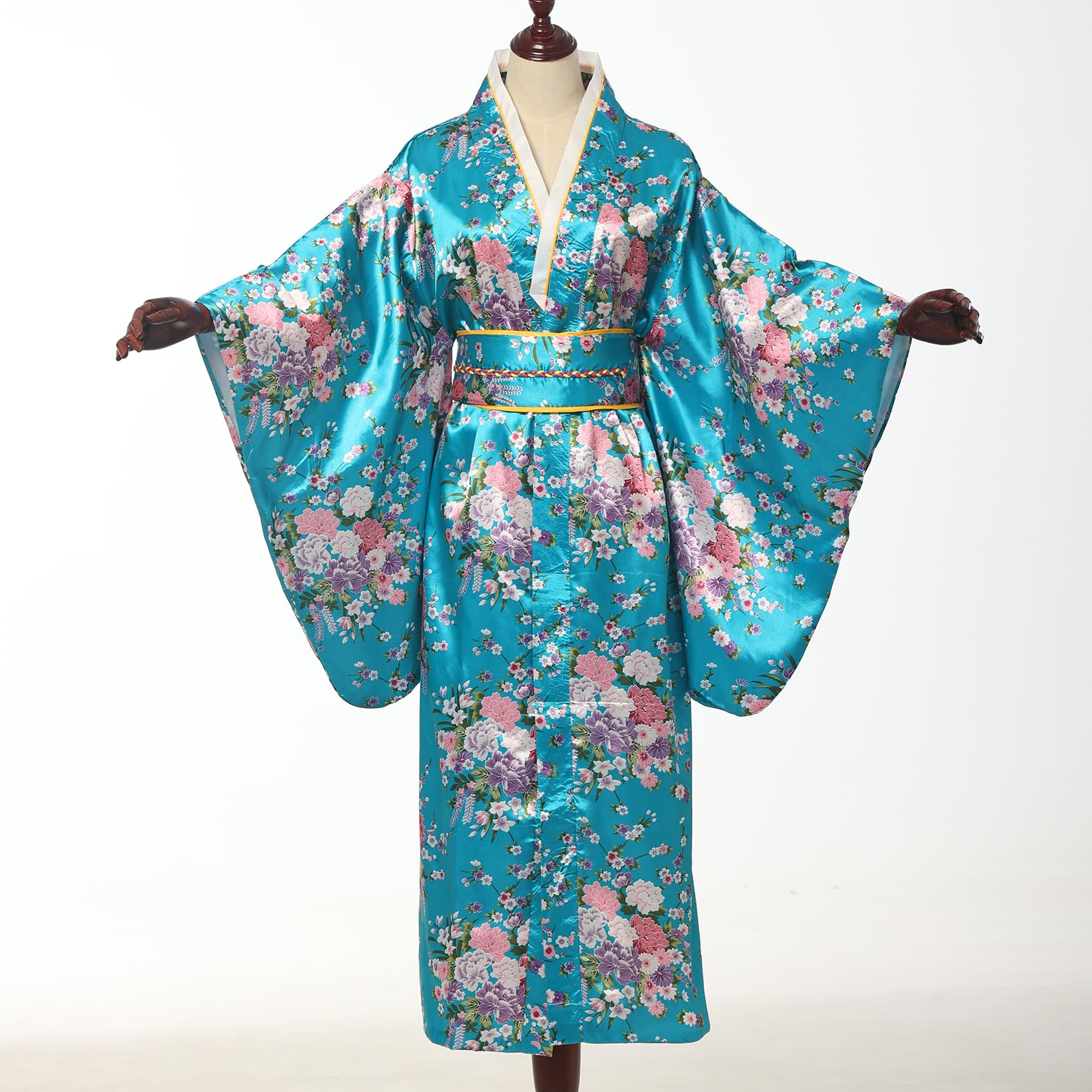 BPURB Bata kimono tradicional japonesa para mujer, vestido de geisha yukata, bata de baño de satén con flores