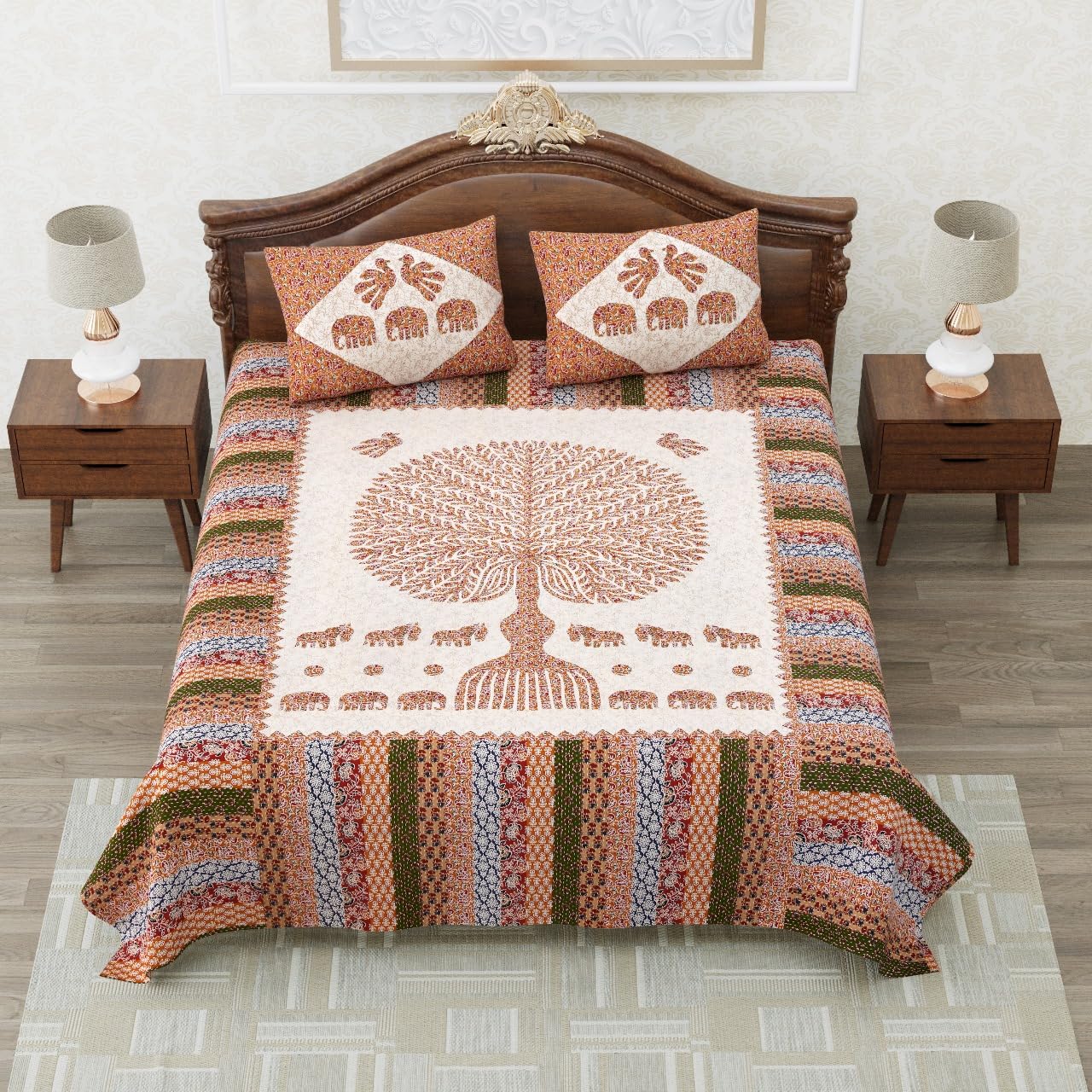 Printed Cotton Bedding Set with Duvet Cover, Shams, 180 x 210 cm, Blue, White (Pink)-image-1