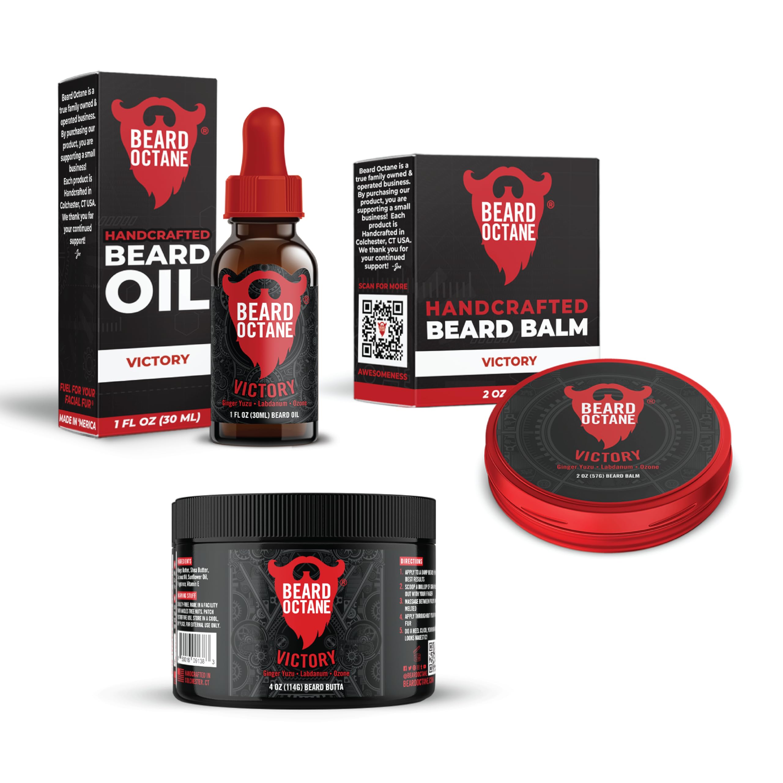 Beard Octane Soften & Style Beard Kit - Beard Oil, Balm & Butter - Natural Beard Care with Jojoba, Argan & Shea (KIT, Victory - Ginger Yuzu, Labdanum