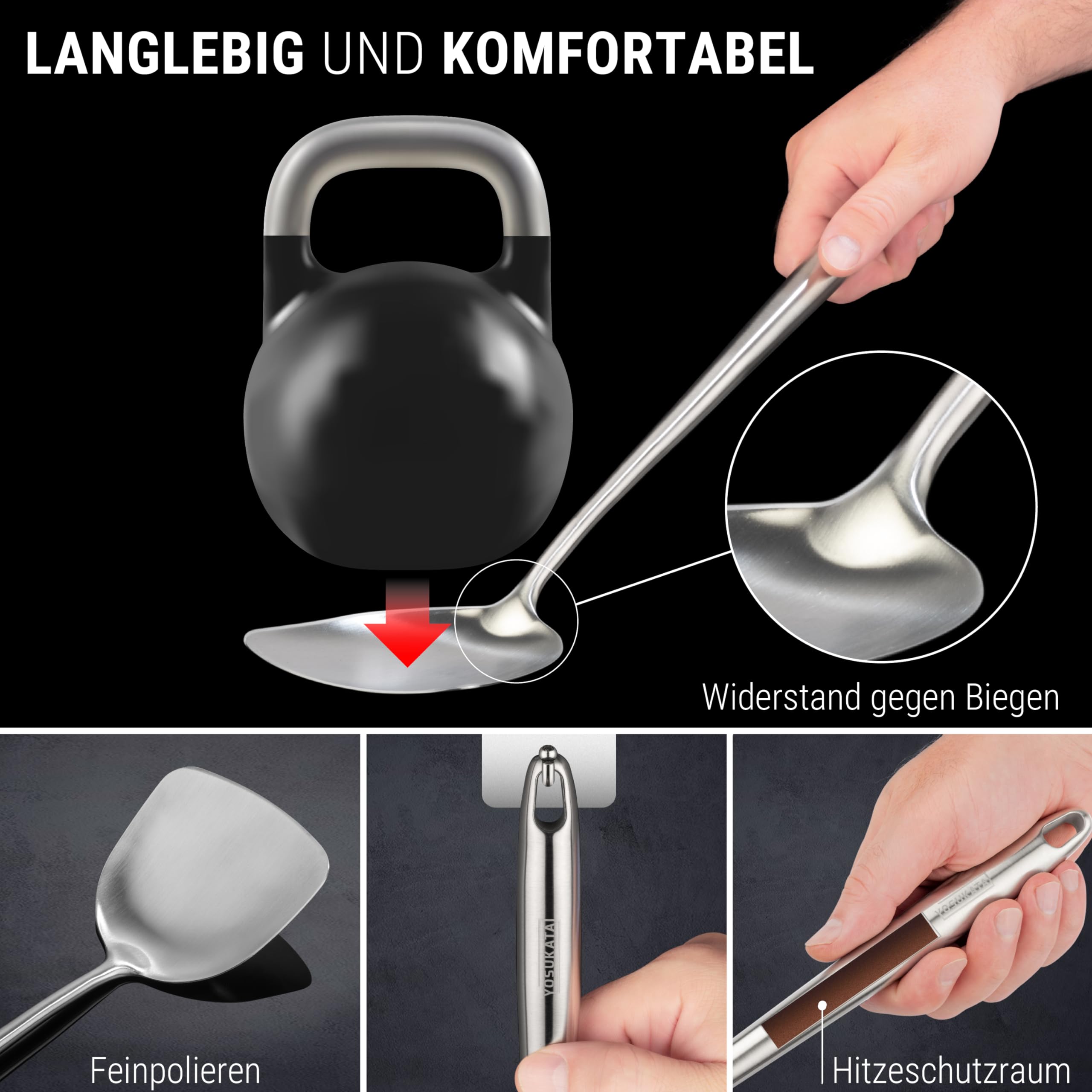 YOSUKATA Wok Schöpflöffel Schaumlöffel und Pfannenwender Edelstah 43 cm- Küchenhelfer Set Edelstahl 304- Schaumkelle - Spachtel Küche - Suppenkelle Edelstahl - Spülmaschinenfester Wok-Zubehör