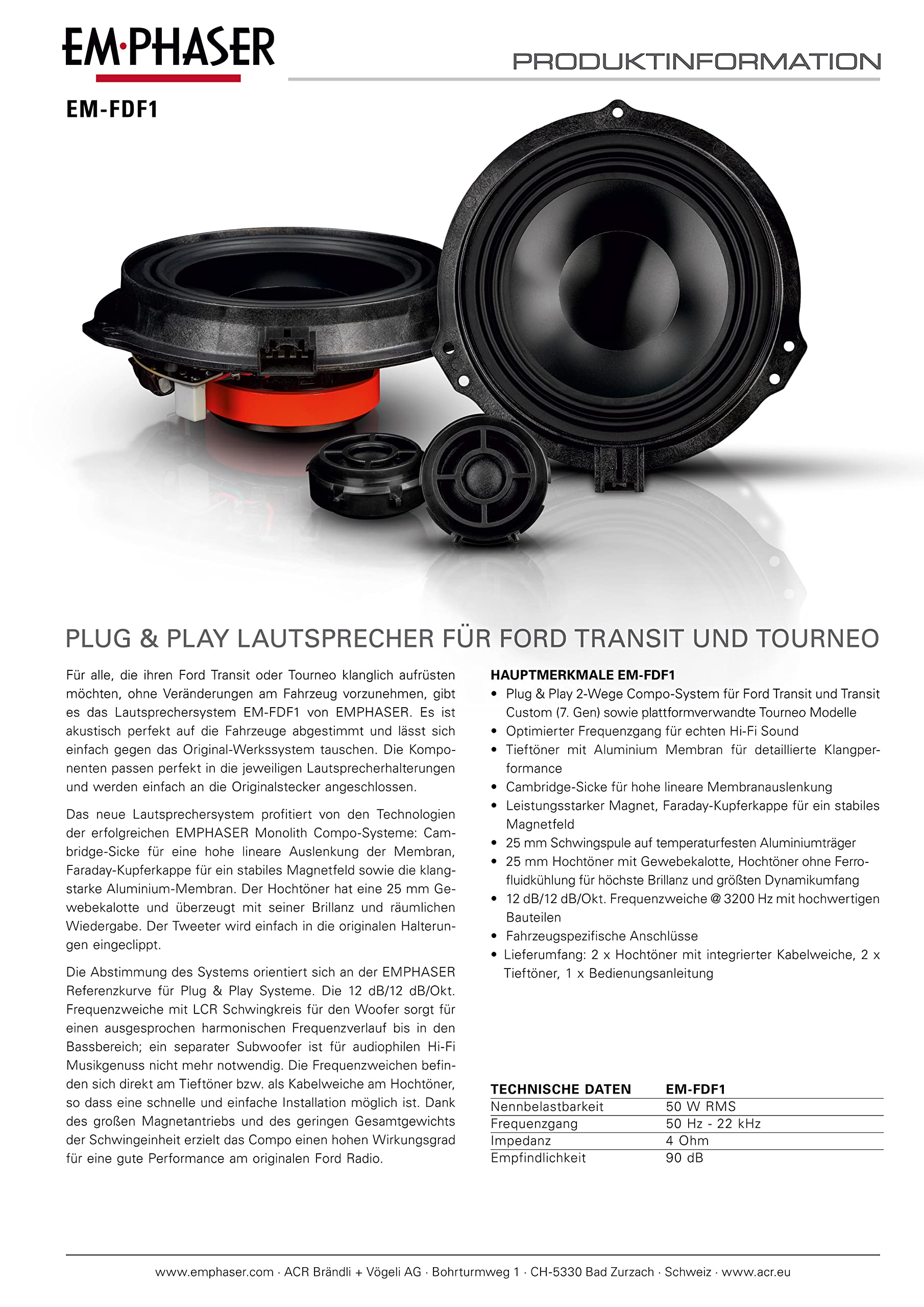 EMPHASER EM-FDF1 – Lautsprecher Set kompatibel mit Ford Transit, Transit Custom und plattformverwandten Tourneo Modelle, 16,5 cm Plug & Play Soundsystem, 2 Wege Kompo