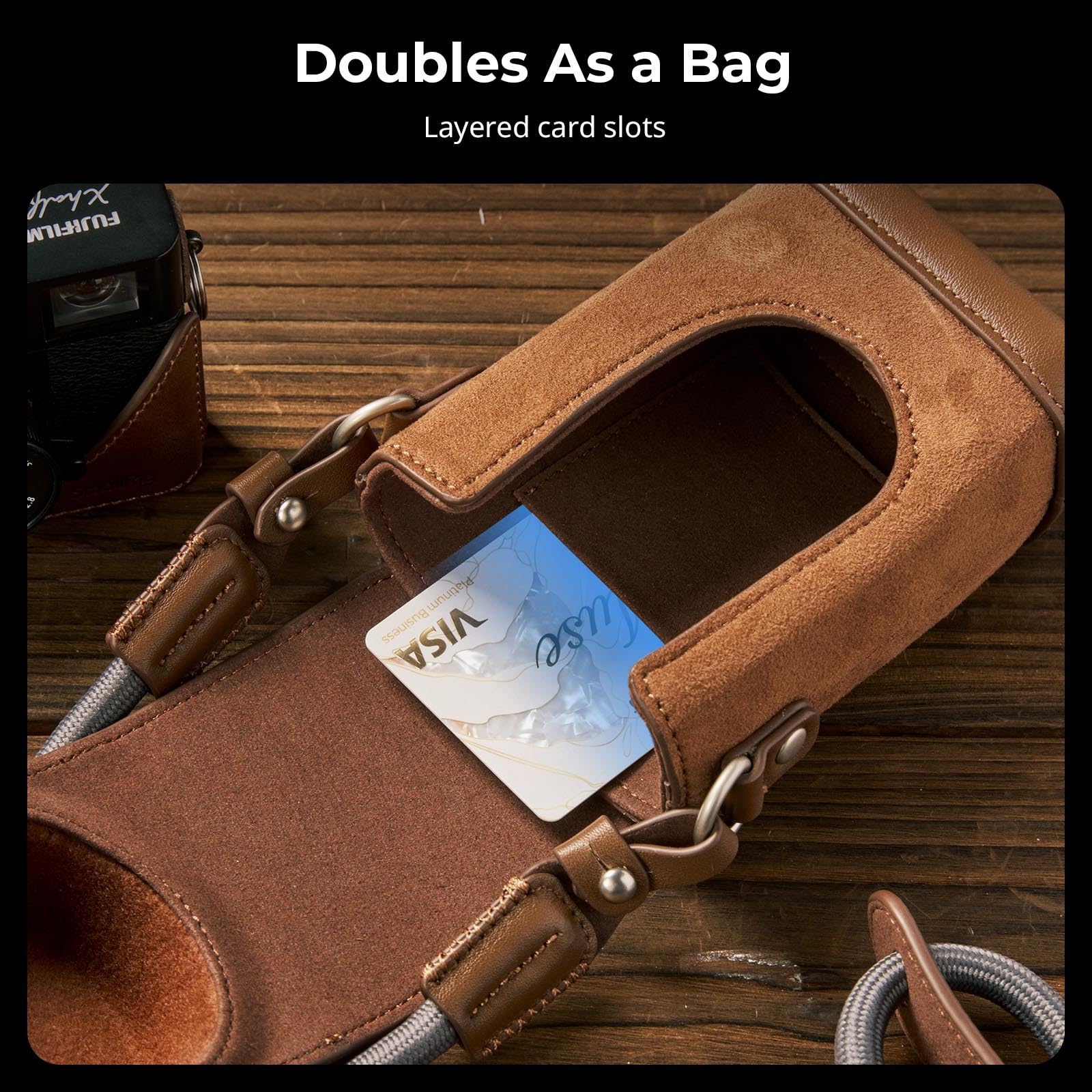 SMALLRIG X Half Ledertasche für FUJIFILM, Retro-Tragetasche mit Halbleder-Hülle, integriertem Kartenfach, tragbar und schützend mit gewebtem Schultergurt (Braun) – 5218