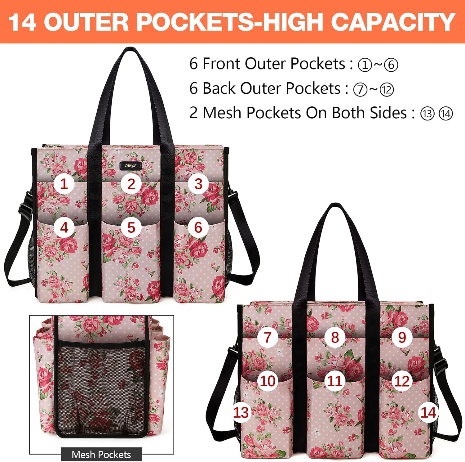 IBFUN Utility Tote Bag with 14/24 Pockets Zip Top Teacher Tote Bag for Teacher/Work Women - Image 3