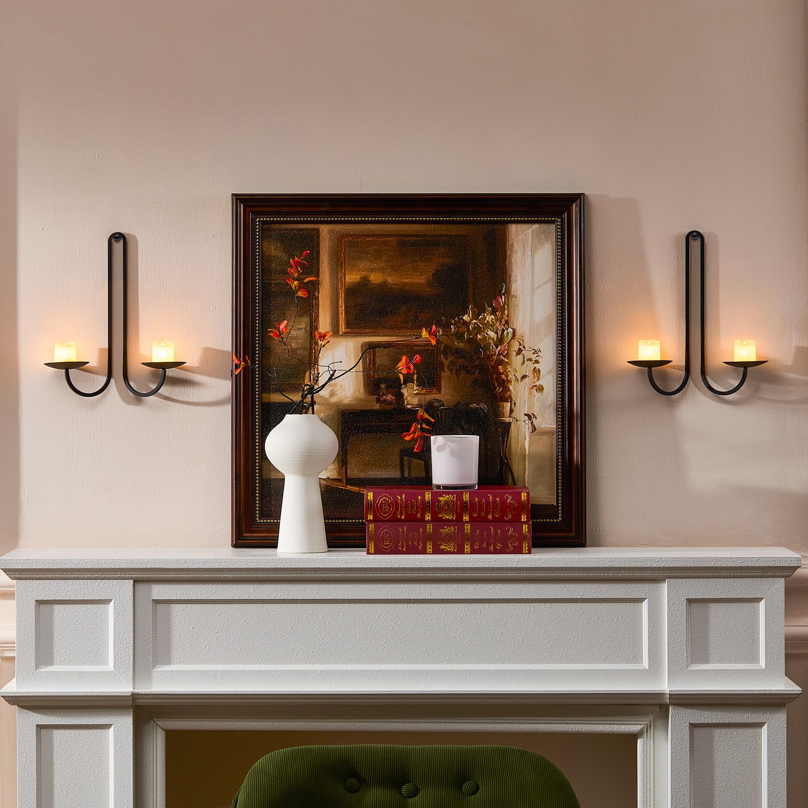 Lot de 2 bougeoirs muraux à double bras en métal noir à suspendre pour salon, salle à manger et cheminée, cadeaux de pendaison de crémaillère pour décoration murale