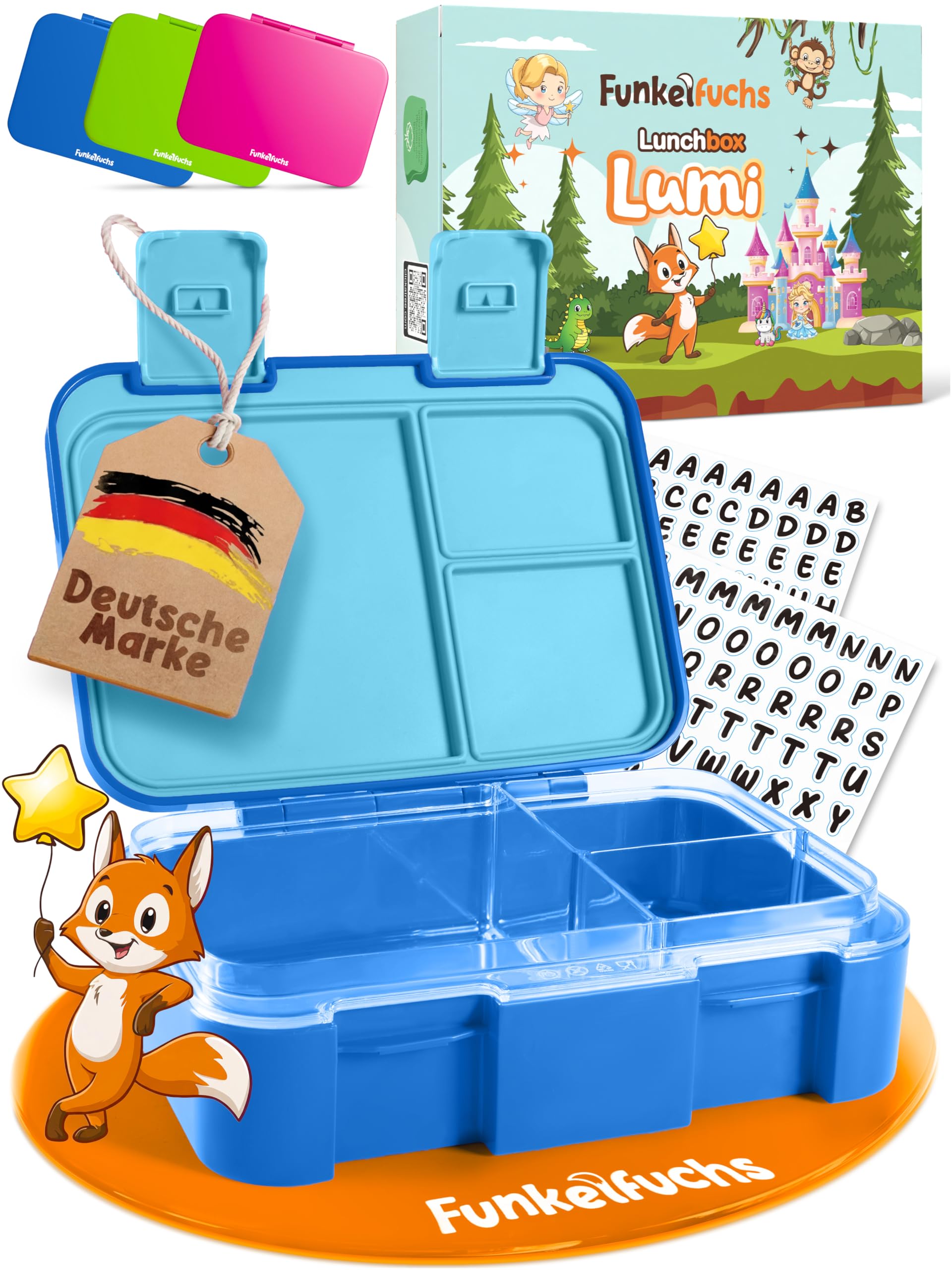 Funkelfuchs LUMI-MINI | Brotdose Kinder mit Fächern – 650ml, Blau | Lunchbox BPA-frei für Schule & Kindergarten |Super leicht, nur 300g |Auslaufsicher, Spülmaschinengeeignet | Bento Box, Snackbox