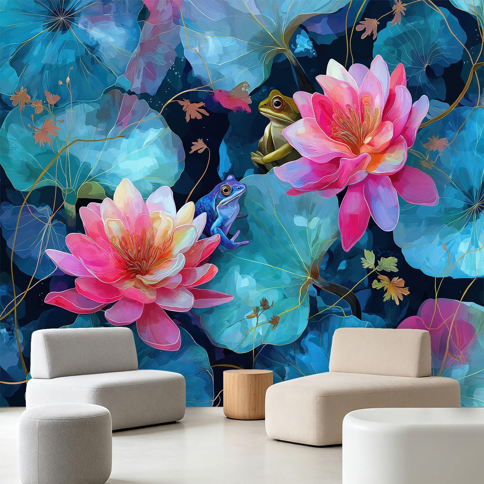 Fototapeta z efektem 3D, zwierzęta, żaby, akwarela – 250 x 175 cm, tapeta z włókniny, kwiatowe, lilie wodne, liście lotosu, tapeta ścienna, matowa i wodoszczelna, do salonu i sypialni, nowoczesna