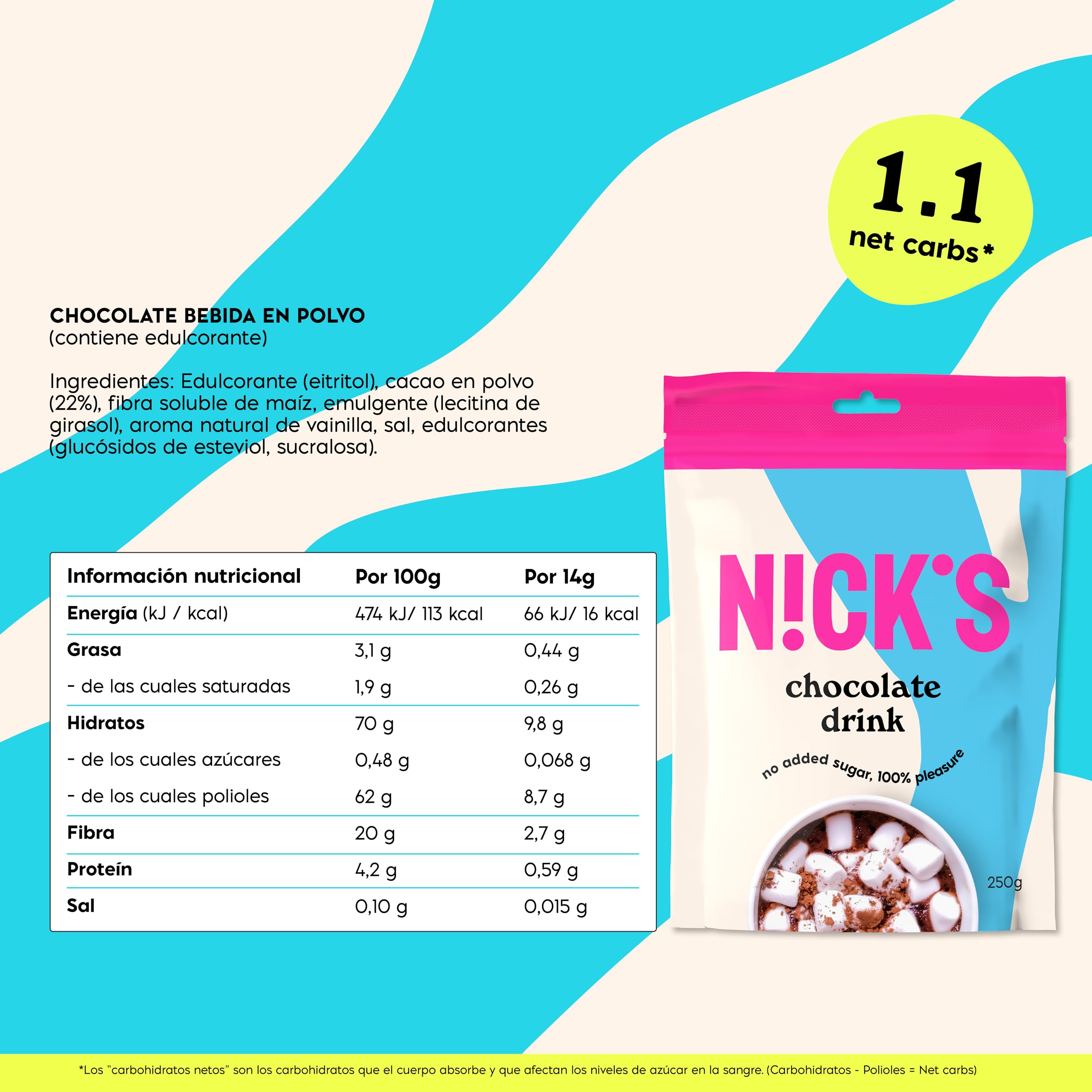 NICKS Chocolate drink Chocolate caliente sin azúcar añadido, chocolate en polvo con cacao para beber, keto, vegano, sin gluten (2x250g)