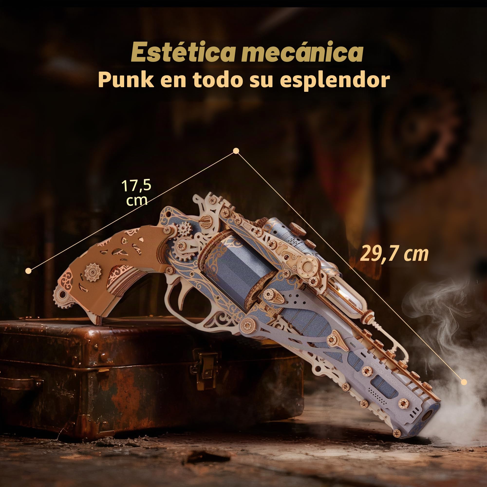 FUNPOLA Puzzle 3D de Madera Revólver Steampunk – Kit de Montaje DIY de revólver mecánico, Regalo Creativo y único para Adultos y Adolescentes (Negro)