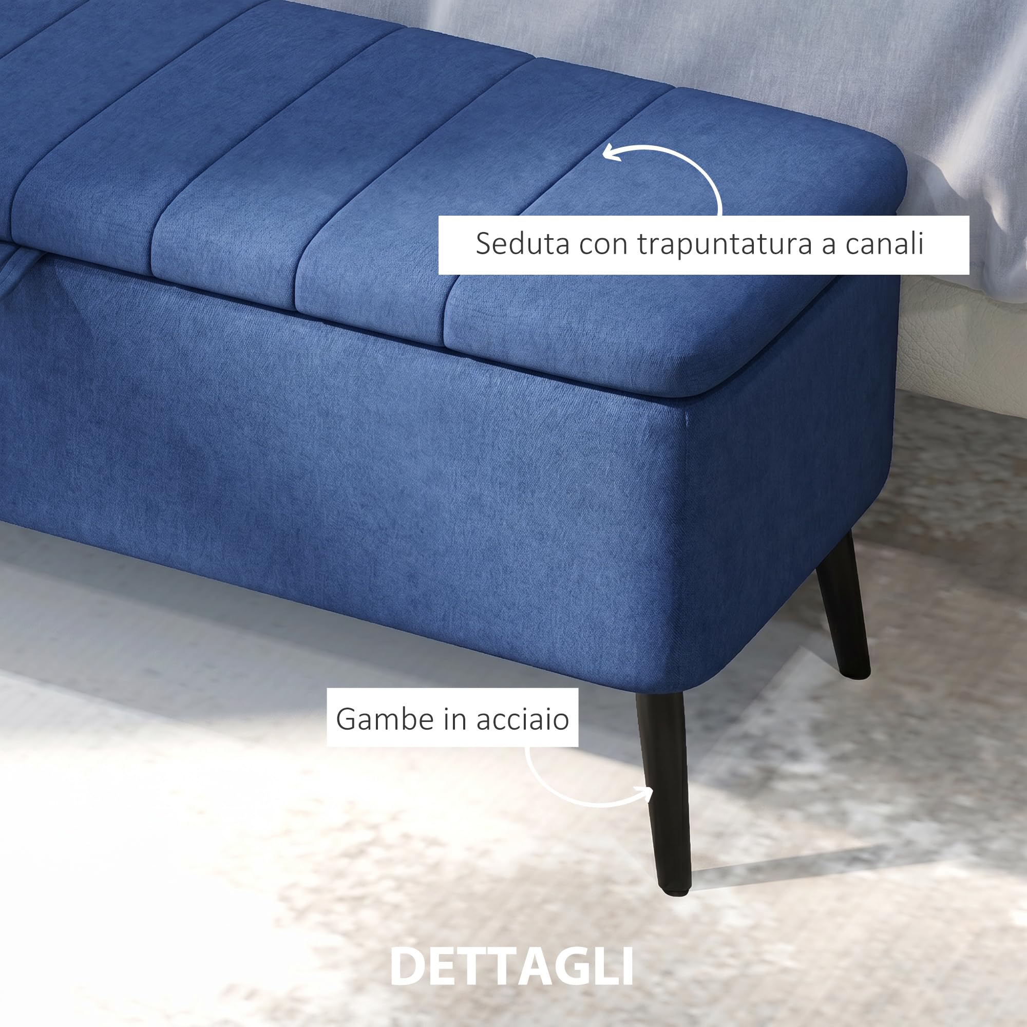 HOMCOM Panca Contenitore Rettangolare con Seduta Imbottita e Gambe in Acciaio, Pouf Poggiapiedi in Tessuto Effetto Lino per Camera da Letto e Soggiorno, 102x40x44 cm, Blu Scuro
