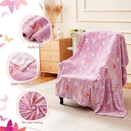 Miniatura 4 de GOPHRALOVE Manta que brilla en la oscuridad, manta de mariposa para niñas pequeñas, adolescentes, regalos de mariposa morada, manta luminosa, 50 x