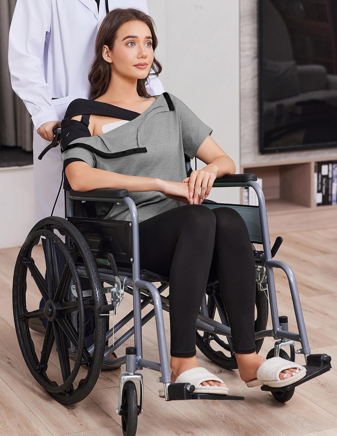 Deyeek Women Post Shoulder Surgery Shirts Recovery Tear Away Short Sleeve Dialysis Clothing Full Side Snap-Open Clothes After Rotator Cuff Surgery Light Gray XXL - Image 5