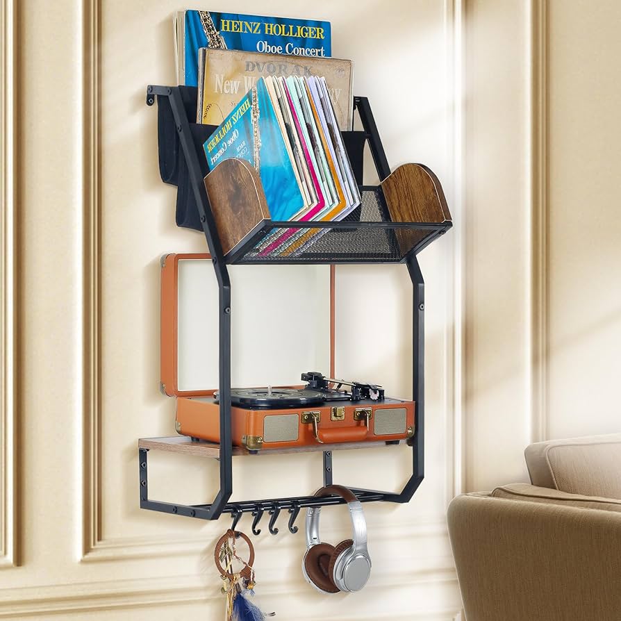 ATSKIM Wall Mounted Record Player Stands with Vinyl Storage