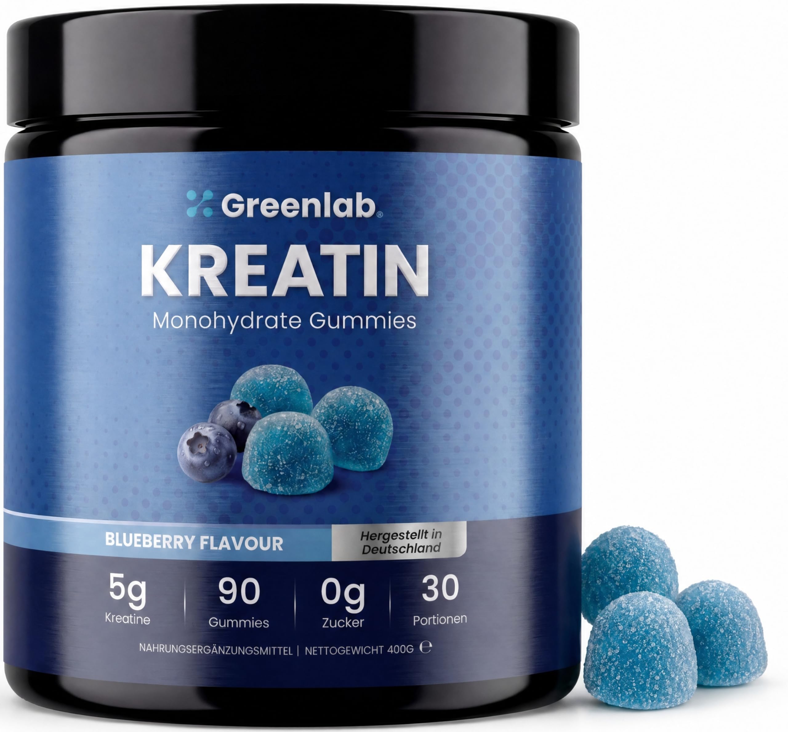 NEU - Greenlab Kreatin Monohydrat Gummies für Männer & Frauen - 5,000mg pro Tagesdosis, 90 Gummies, Zuckerfrei, Vegan, Blueberry Geschmack, Made in Germany