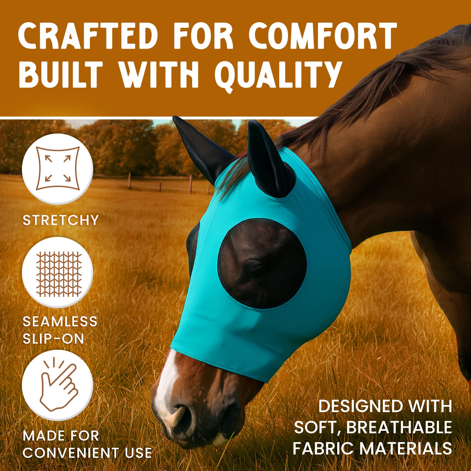 Prairie Horse Supply Máscara de Lycra para Moscas de Caballo con Orejas, Ajuste Cómodo, Malla para Senderos, Pasto, Protección Solar UV (Caballo, Azul Marino)