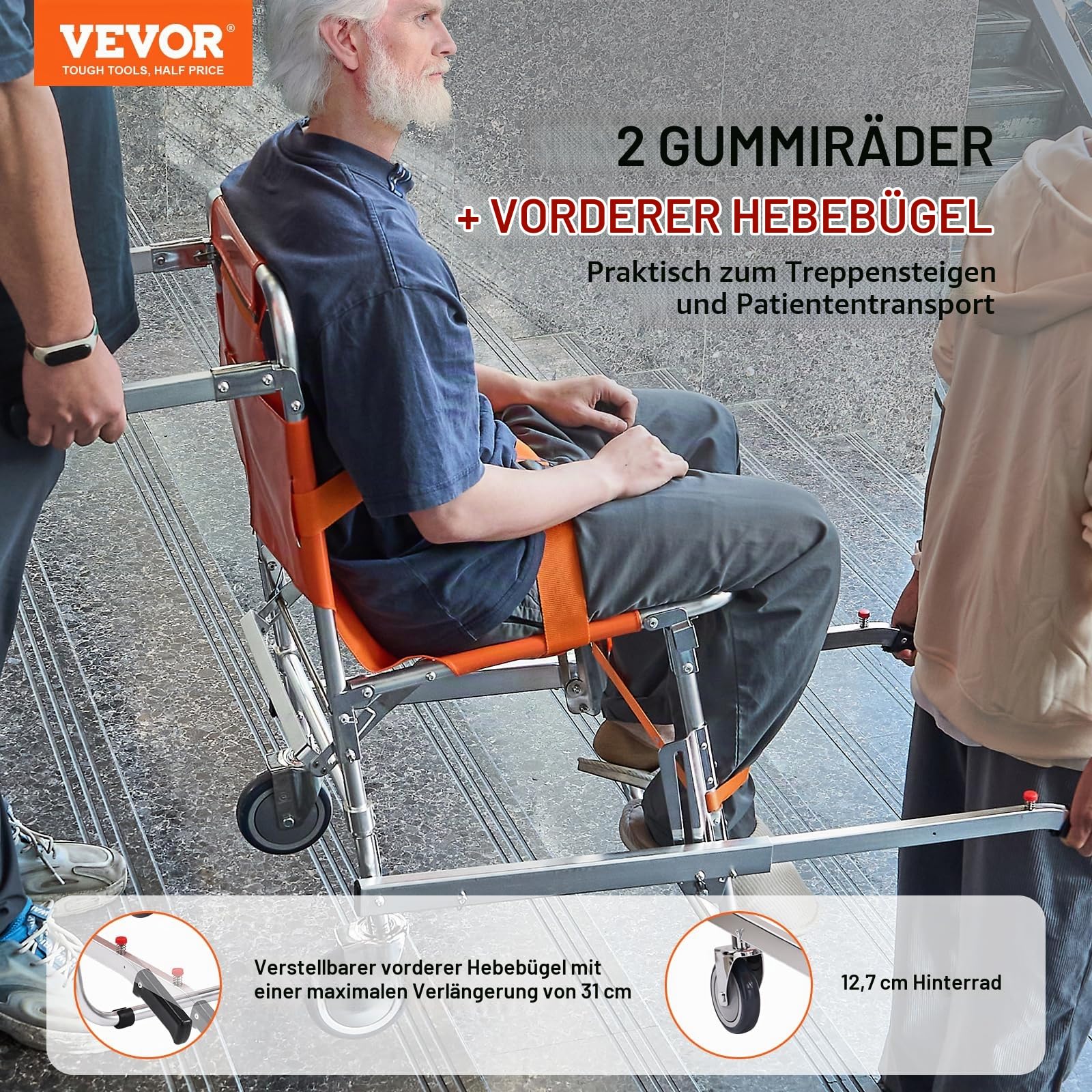 VEVOR EMS-Treppenstuhl 159kg Tragfähigkeit faltbarer Notfall-Treppensteigrollstuhl aus Alu mit 2 Rädern tragbarer Treppenlift Krankenwagen Feuerwehrmann Evakuierung für ältere Menschen und Behinderte