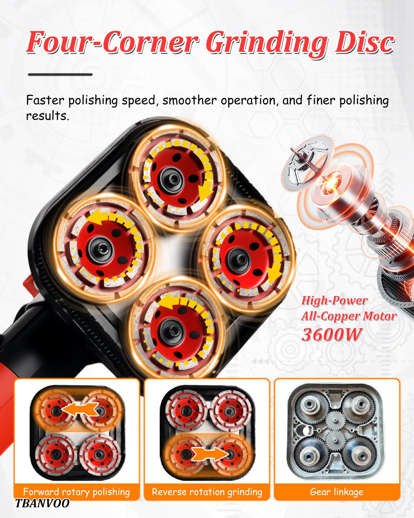 Máquina pulidora de suelo - 3600 W, 6 velocidades ajustables, cabezal de cuatro ejes, cubierta de polvo, mango auxiliar, rueda de diamante para hormigón y mármol