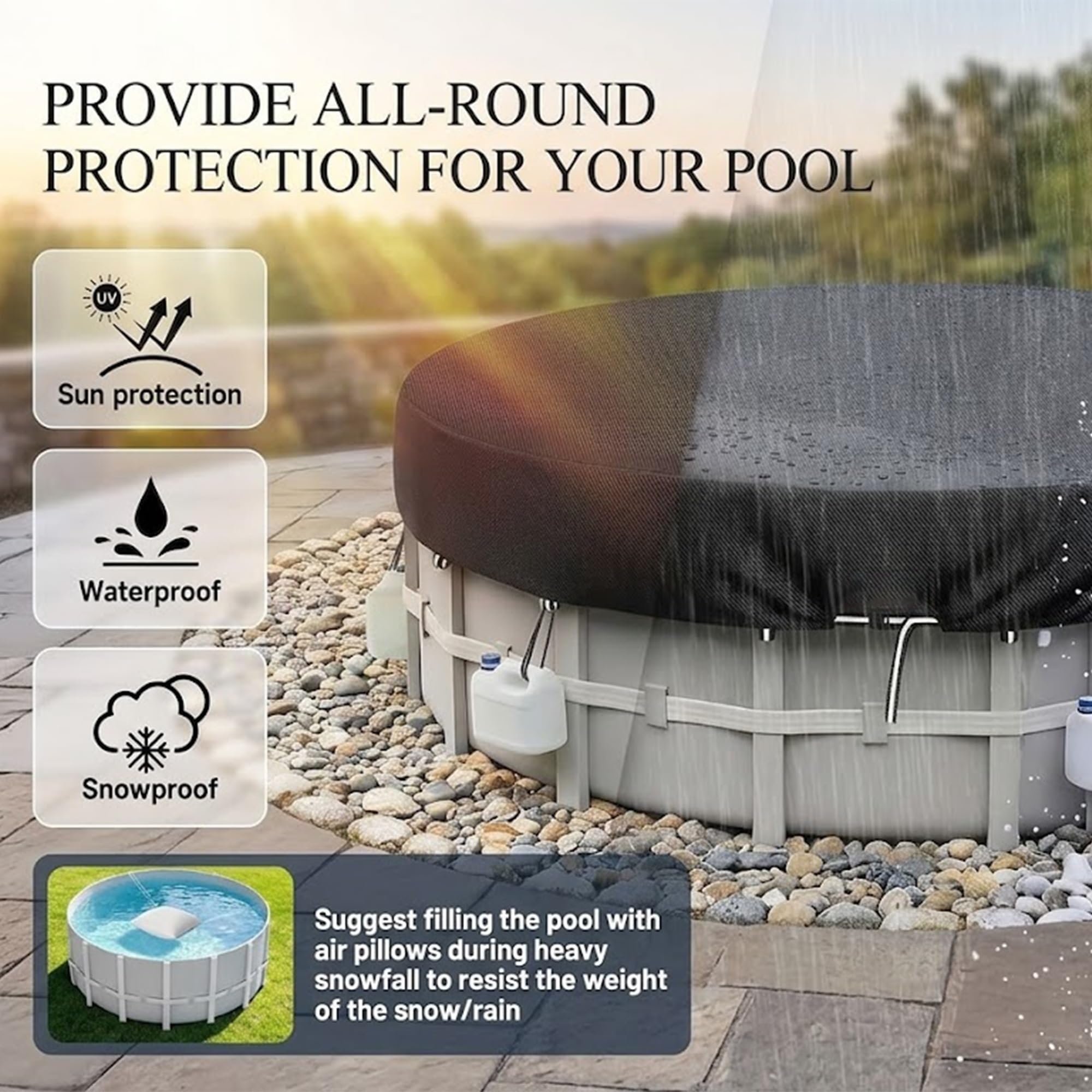 Copertura per Piscina Rotonda Tessuto, Resistente ai Raggi UV Impermeabile Antipolvere, Copertina Protettiva per Piscina Fuori Terra Resistente al Freddo e agli(Black,D 366 x H 20 cm)